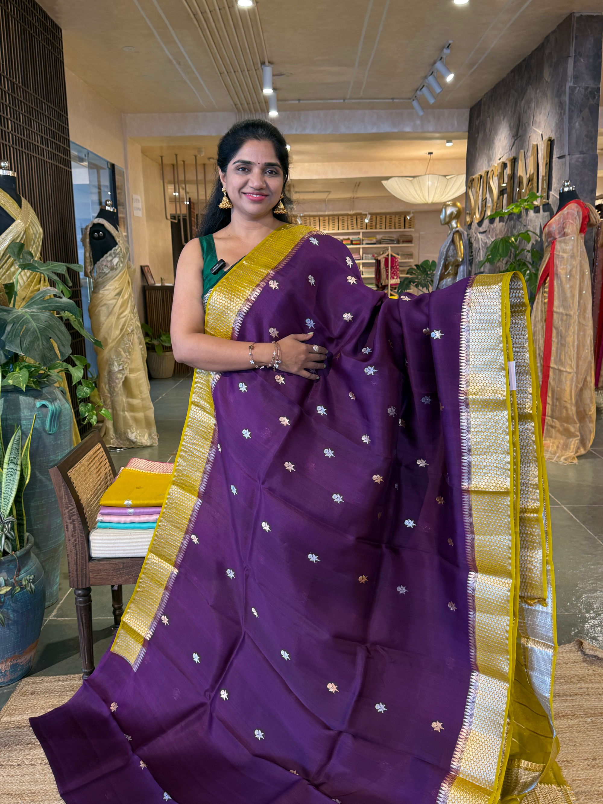 Violet & Lime yellow Combo Kora Banarasi  Saree with kaduwa Weaving