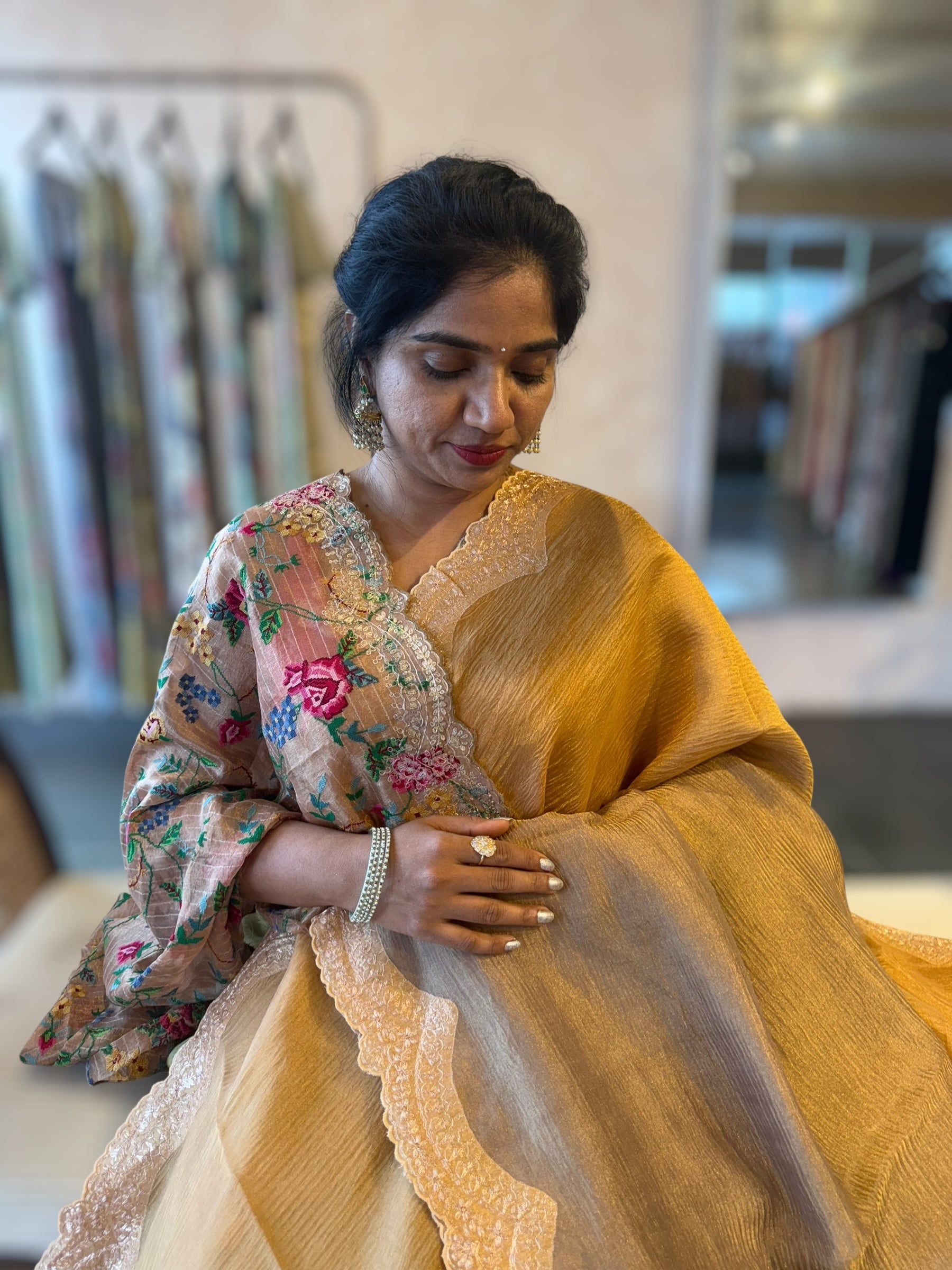 Ombre Dyed Crush Tissue Saree With Pitawork Border & Petite Point Embroidered BP