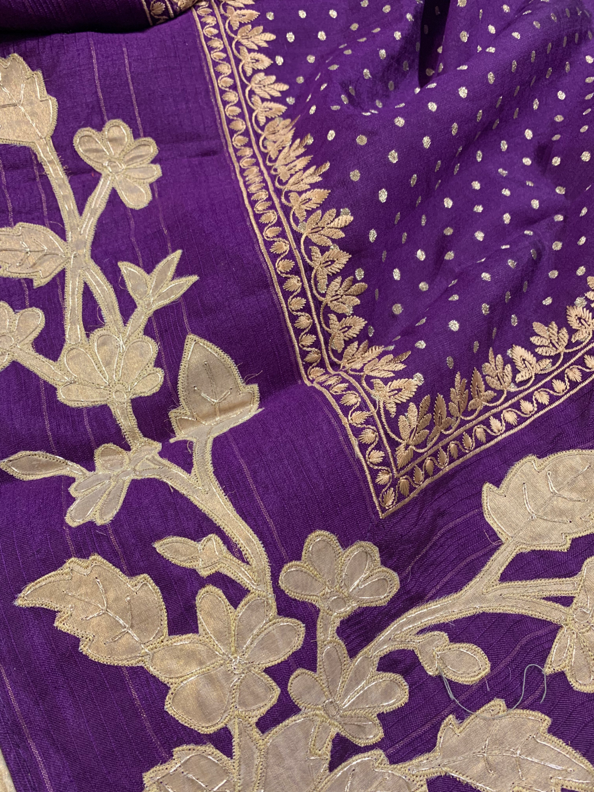 Brinjal Chiniya Silk Saree with Embroidery Border & Applique Creeper Pallu