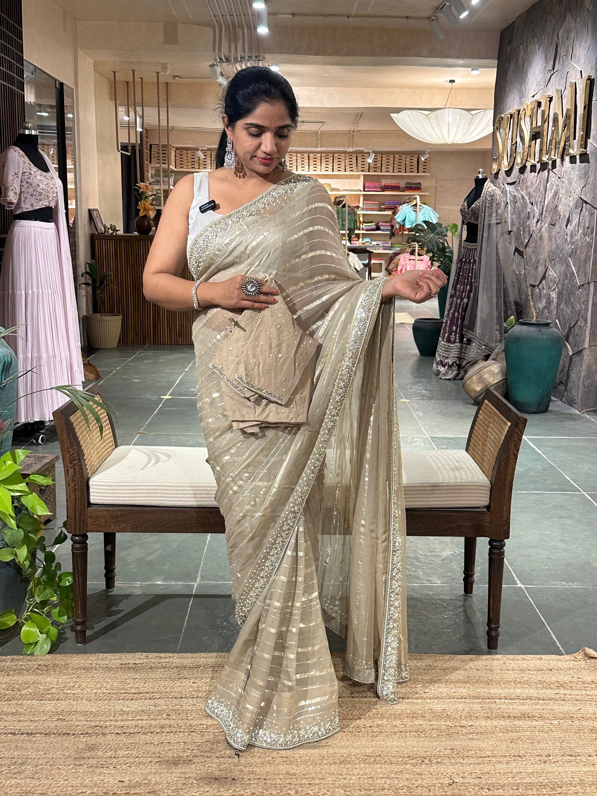Earthy Tone Chiffon Handwork Saree with stitched happy iblouse