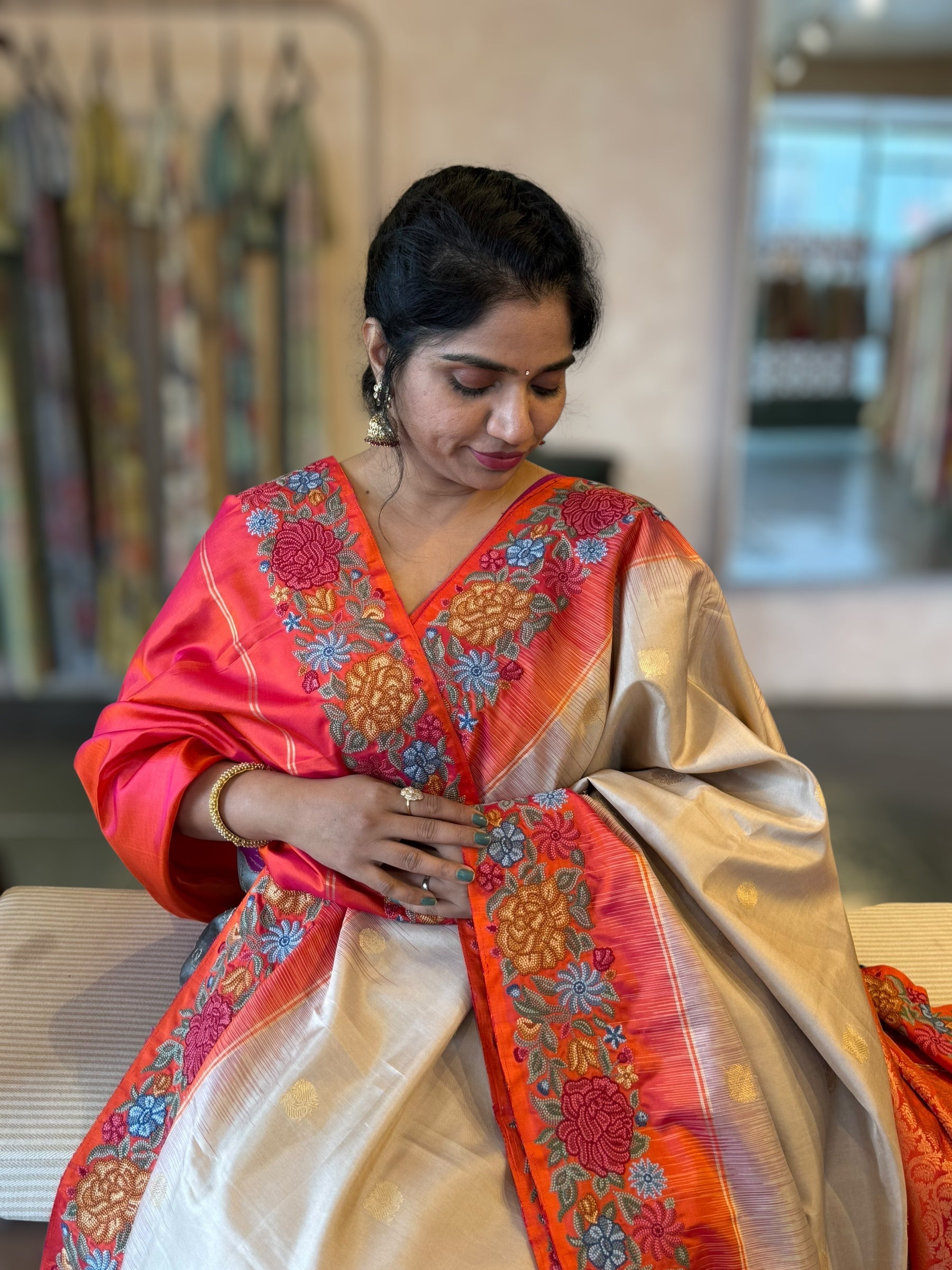 Champagne Gold Kanchi Silk Saree in With Petite Point  Embroidered Border