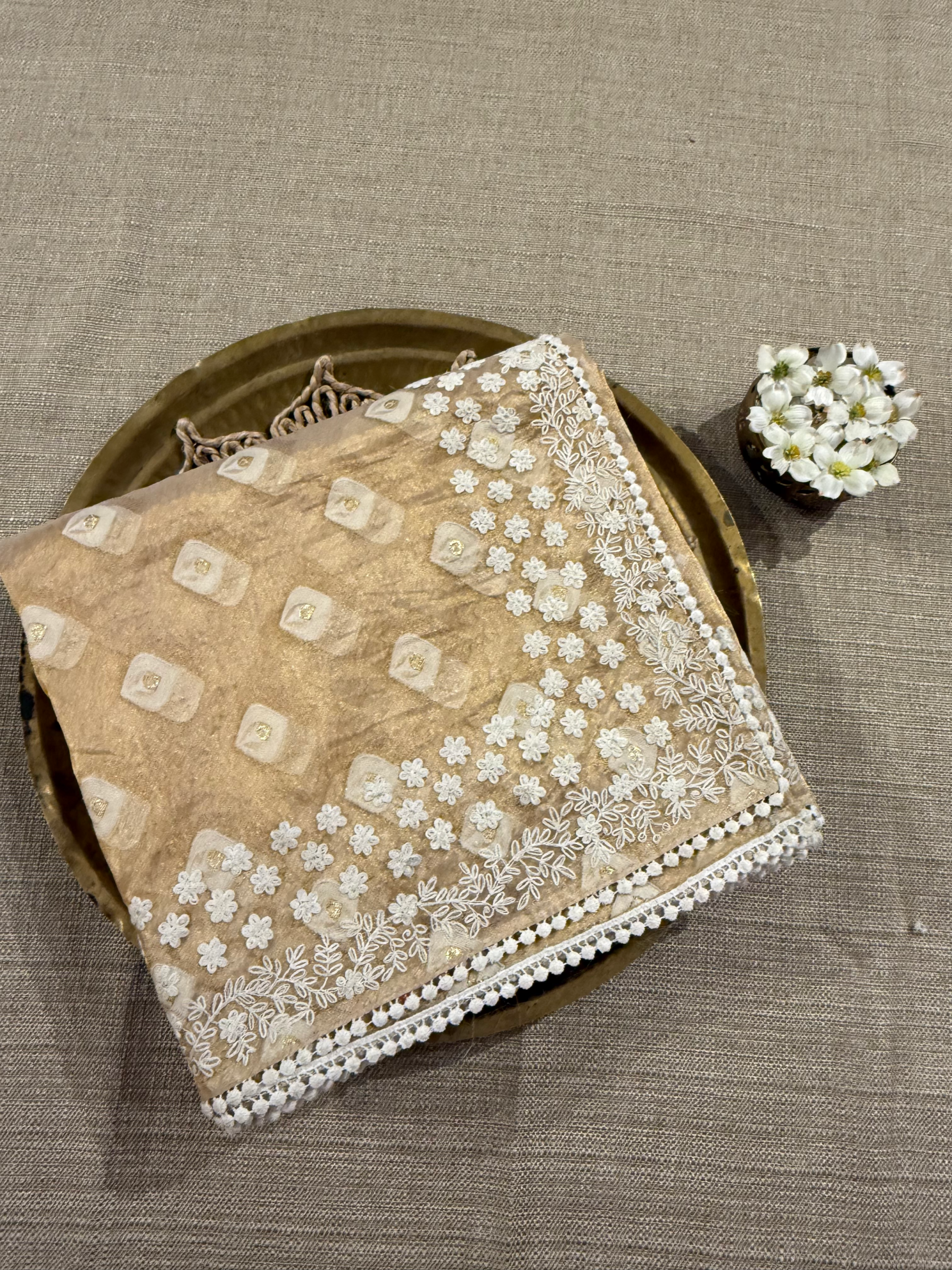 GTEA2003 : Pure Handloom Gold Tissue Saree With handwork borders
