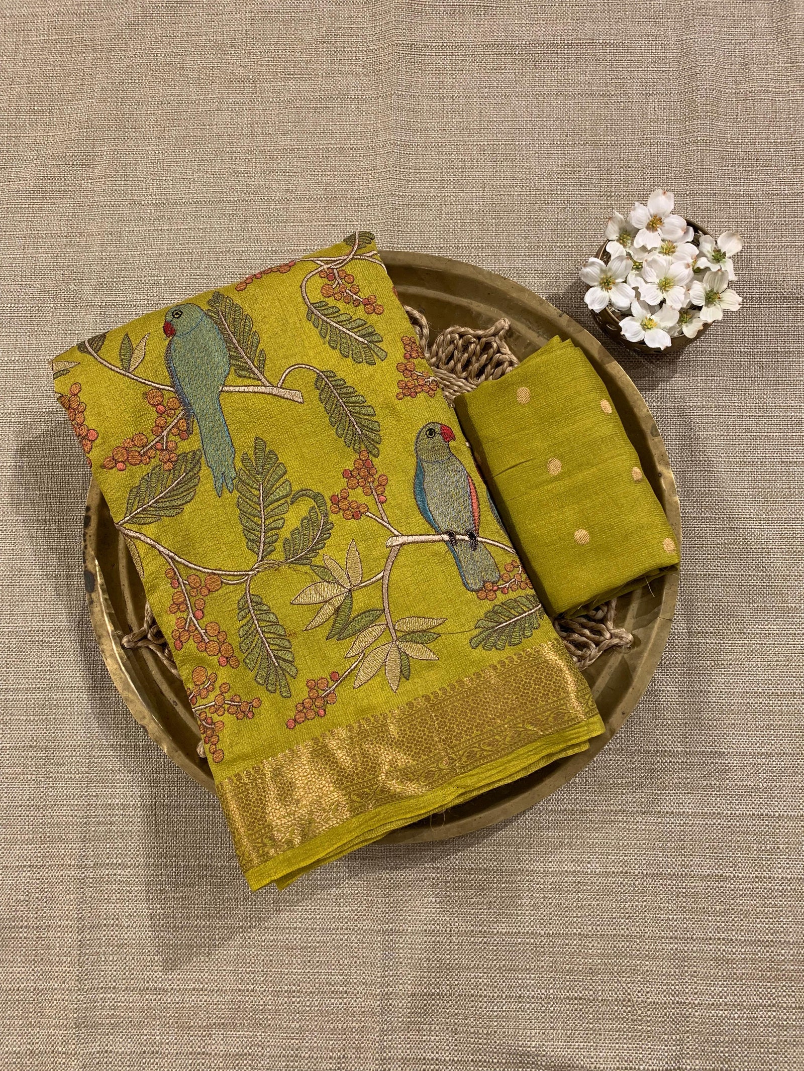 SMSEA114 Lemon Yellow Pure Handloom Munga Silk Saree with allover  Embroidery