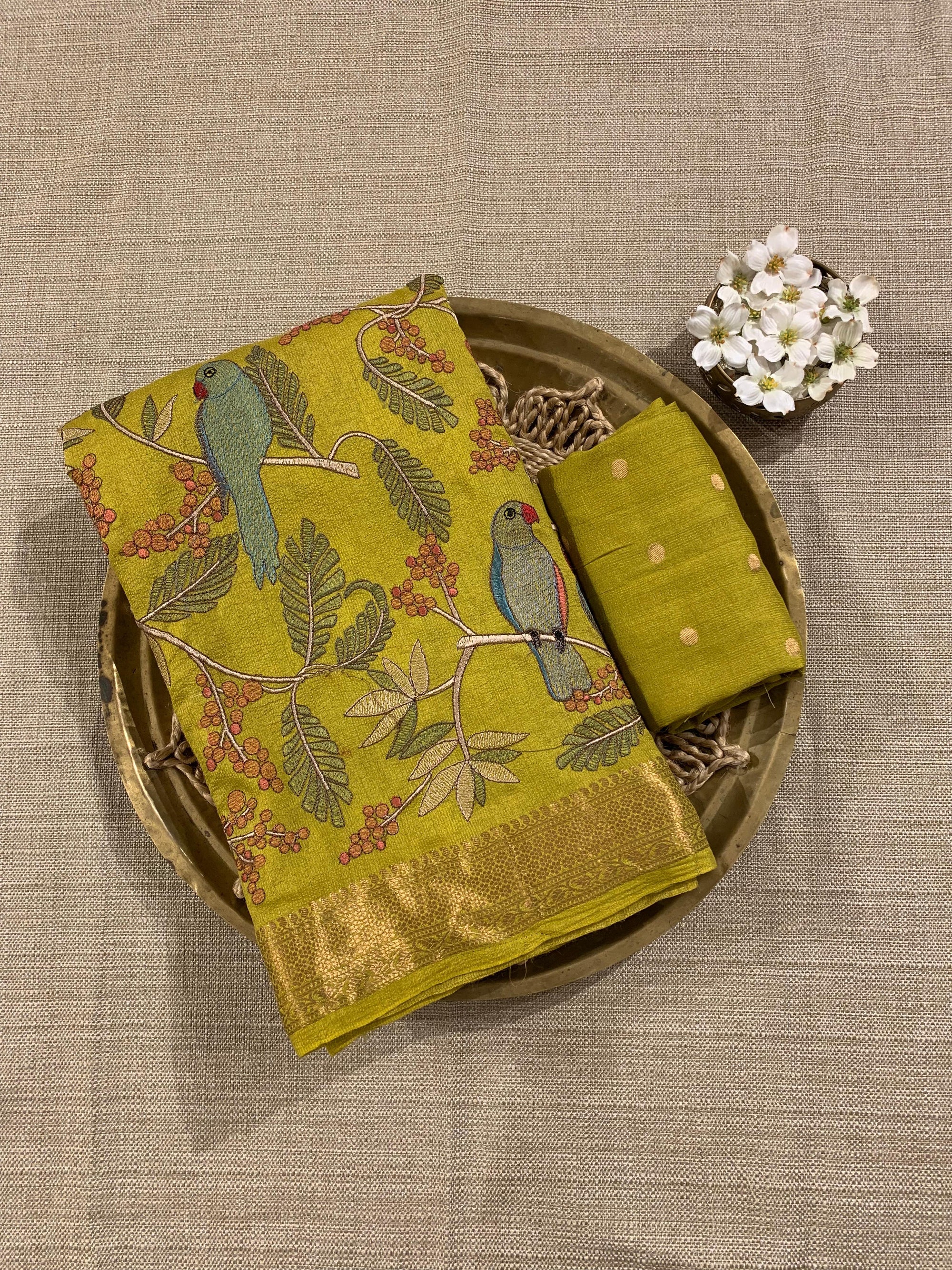 SMSEA114 Lemon Yellow Pure Handloom Munga Silk Saree with allover  Embroidery
