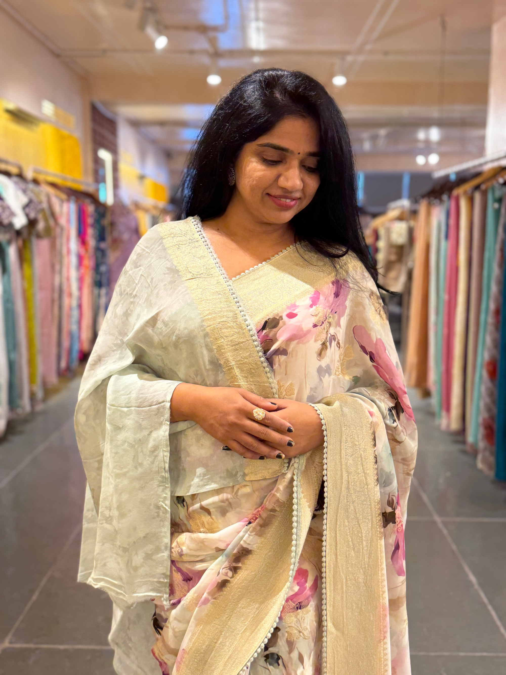 Banarasi Khaddi Gorgette Sarees with Floral Prints hemlined with crotia lace