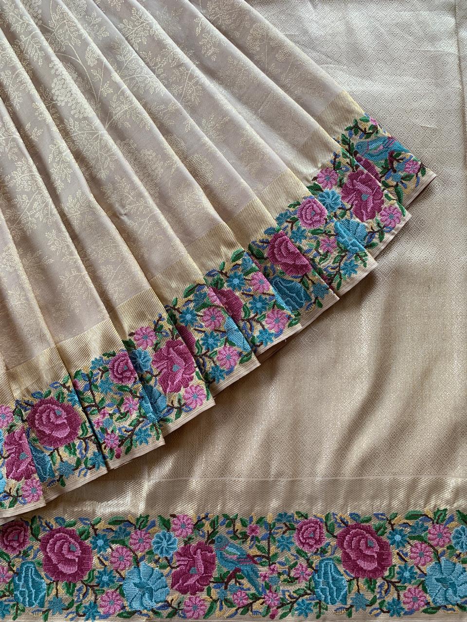 Wheat Tone  Pure  Kanchi Brocade Saree with Petite Point Embroidery