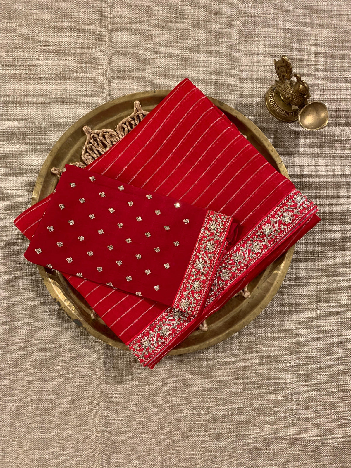 SOSSM2903 Red Organza Saree hemlined with Sabhyasachi Borders