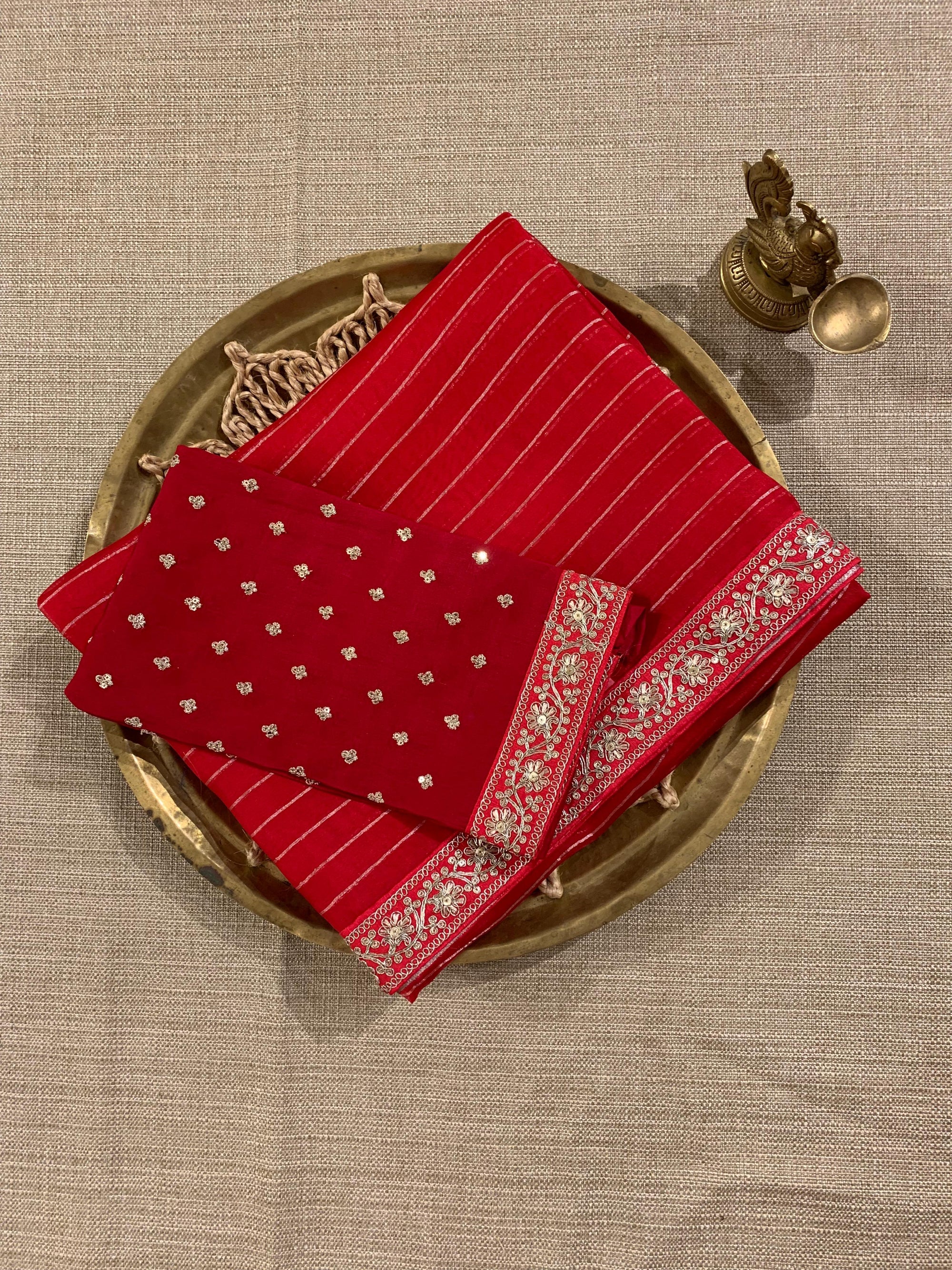 SOSSM2903 Red Organza Saree hemlined with Sabhyasachi Borders