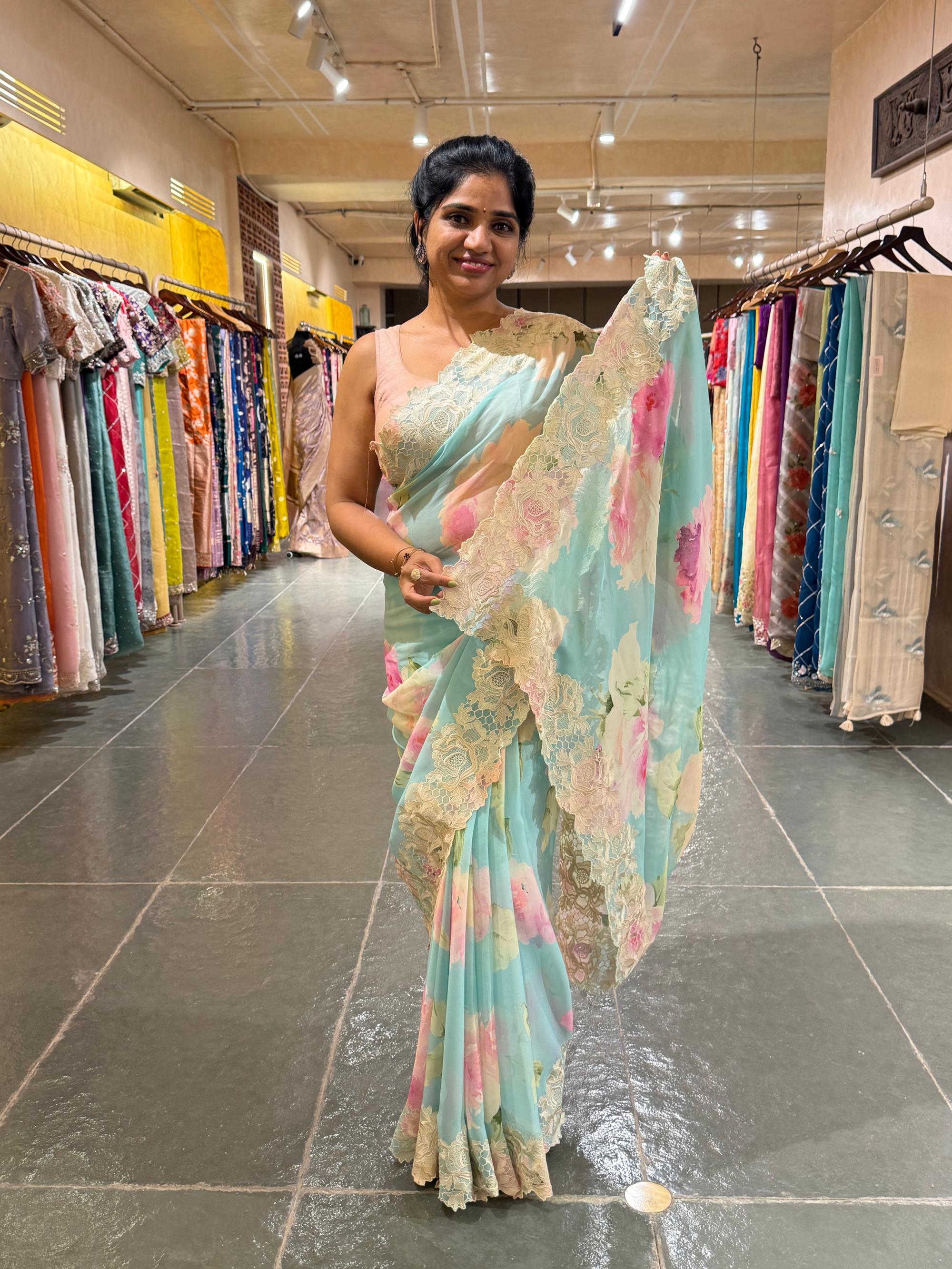 Gorgette Printed Saree With Cutwork Lace Border