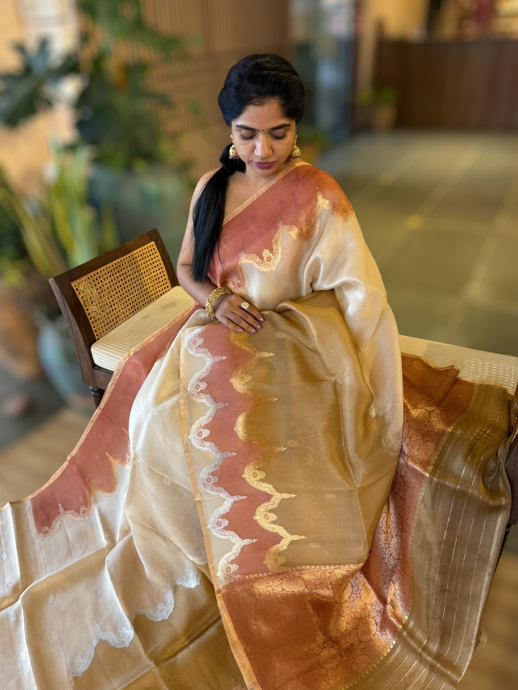 Designer Premium Handloom Rangkaat Kora Banarasi Saree  with Jewelry Design