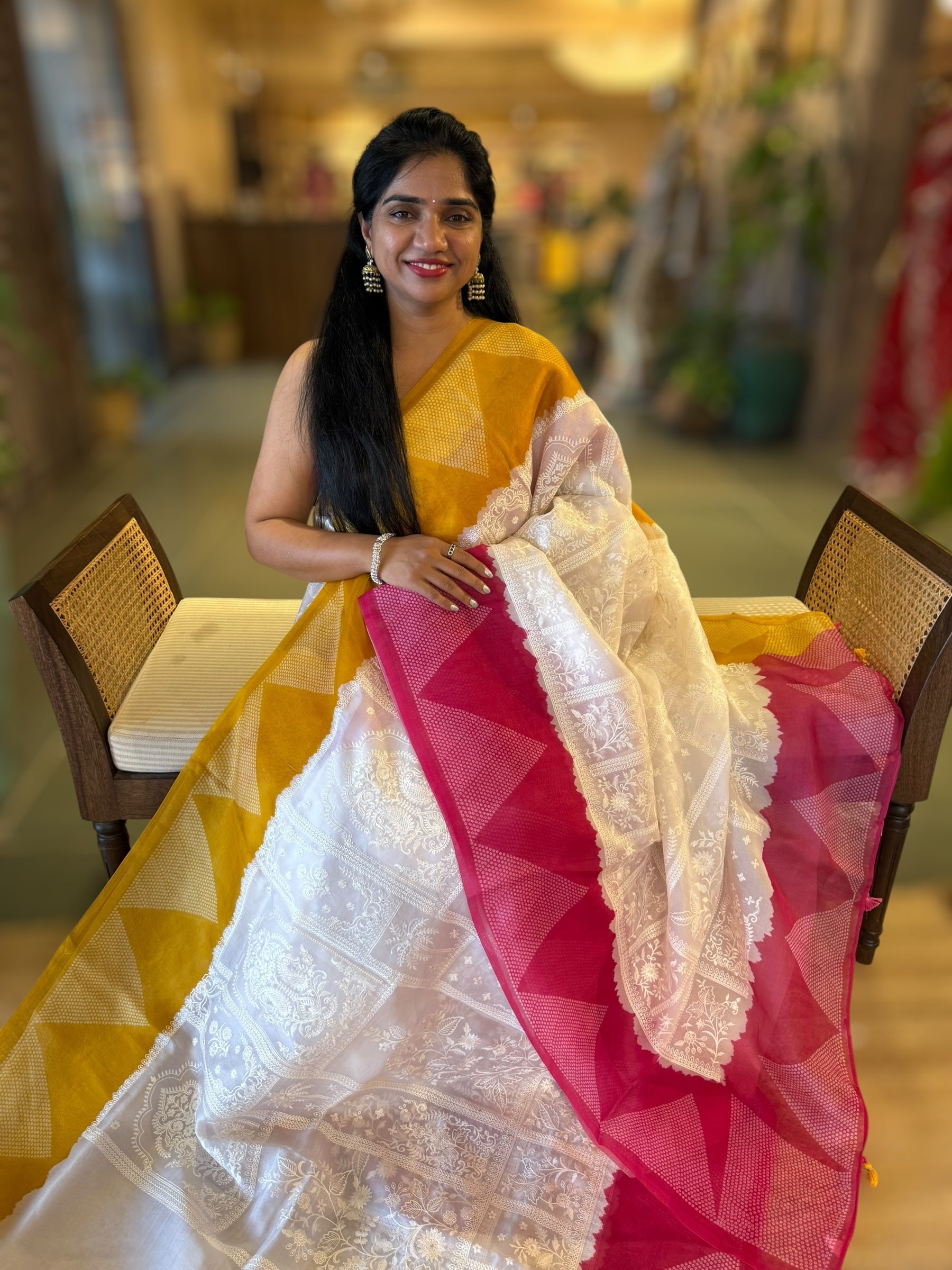 Organza Chikankari Embroidery Saree With Ganga Jamuna Bandhini Temple Borders