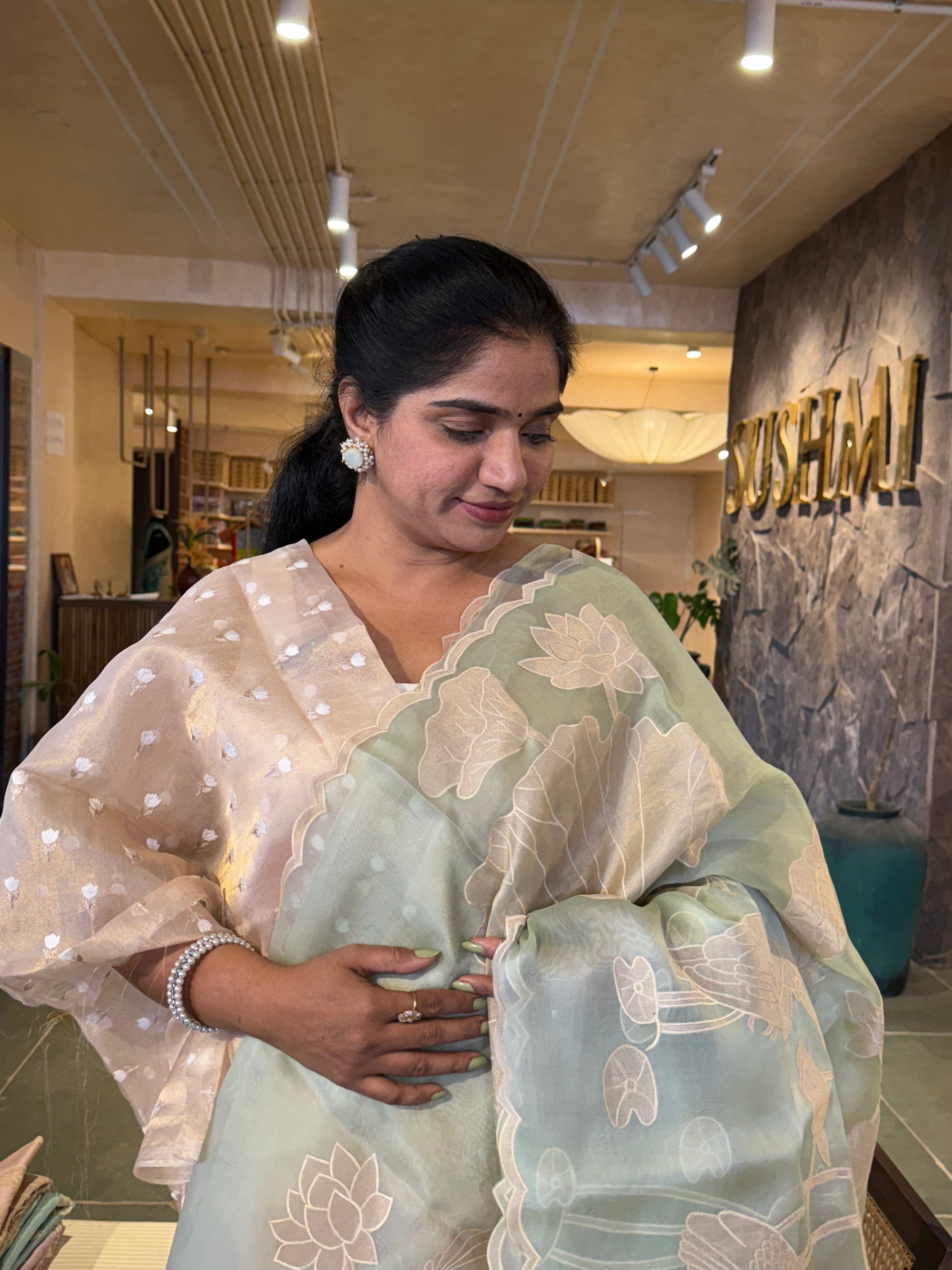 Mint Green Pure Organza Designer Saree with Allover Tissue Applique Embroidery