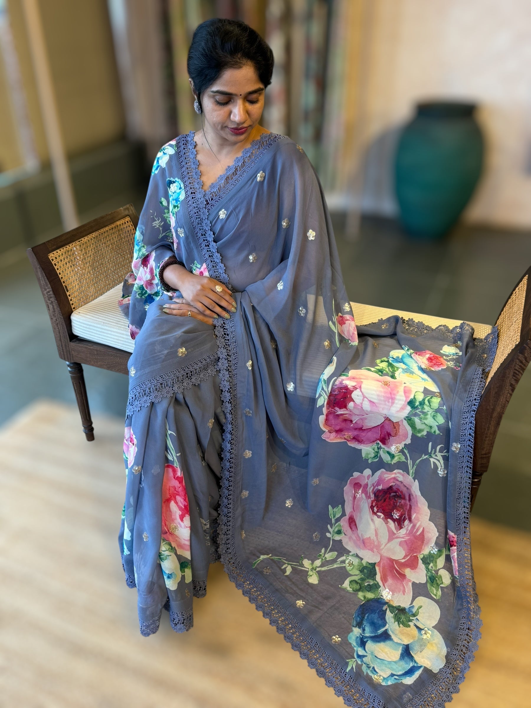Greyish Blue Floral Gorgette Saree with Allover Sequence Floral