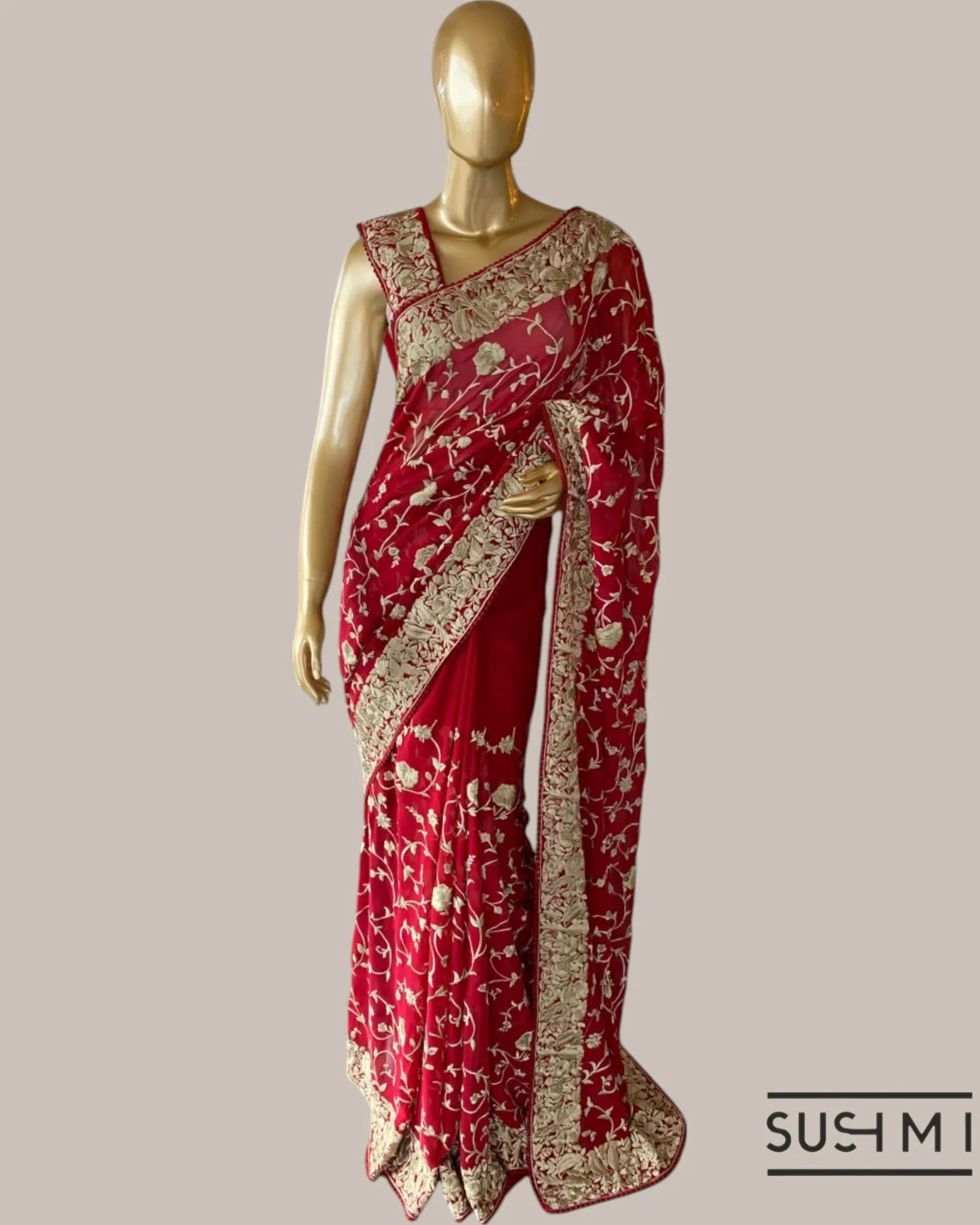Ruby Pink Pure Gorgette Saree With Parsi Gara Style Allover Embroidery   Origina