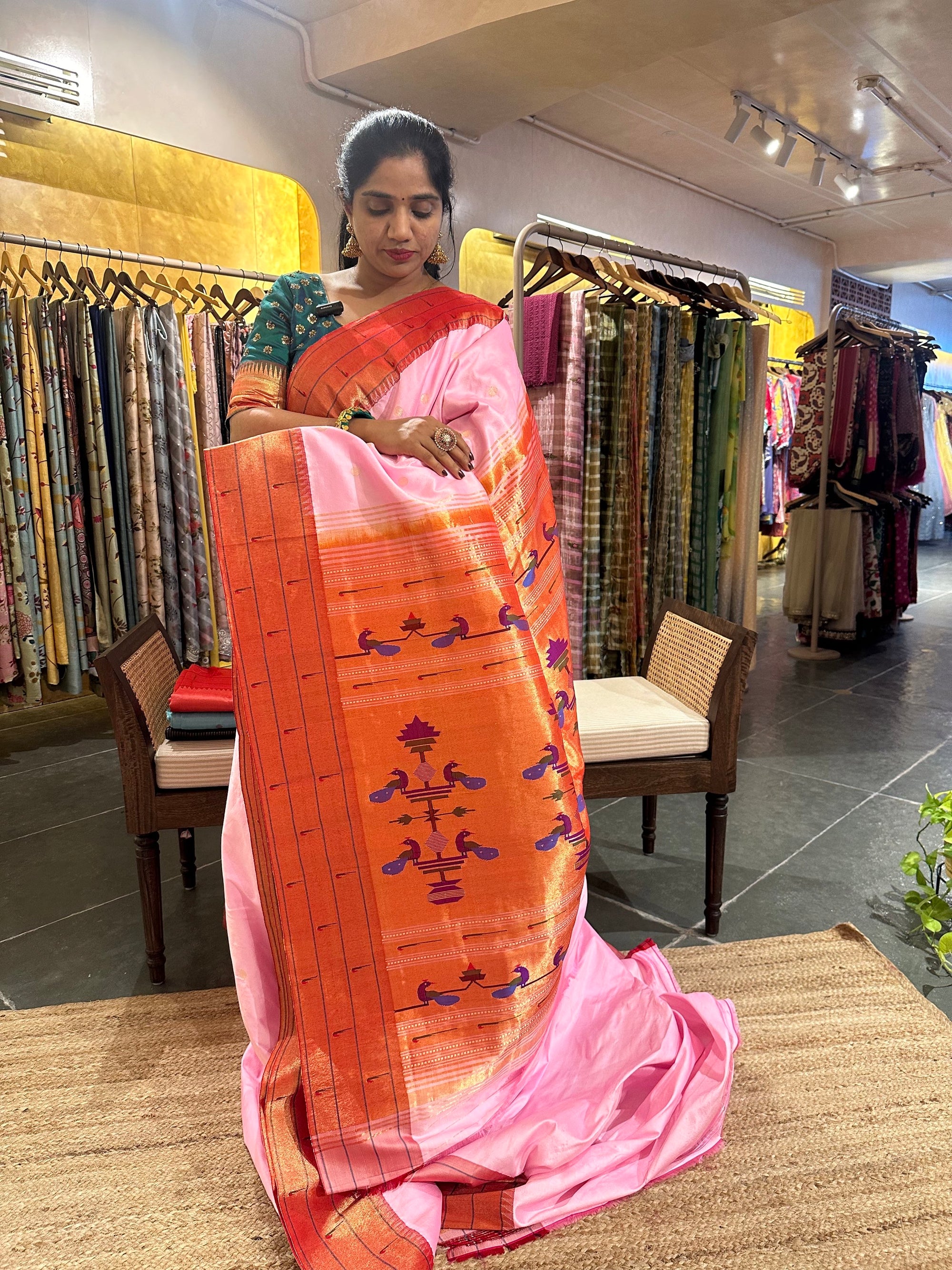 Light Rose Pink Tripple Muniya Pure Handloom Painthani Saree