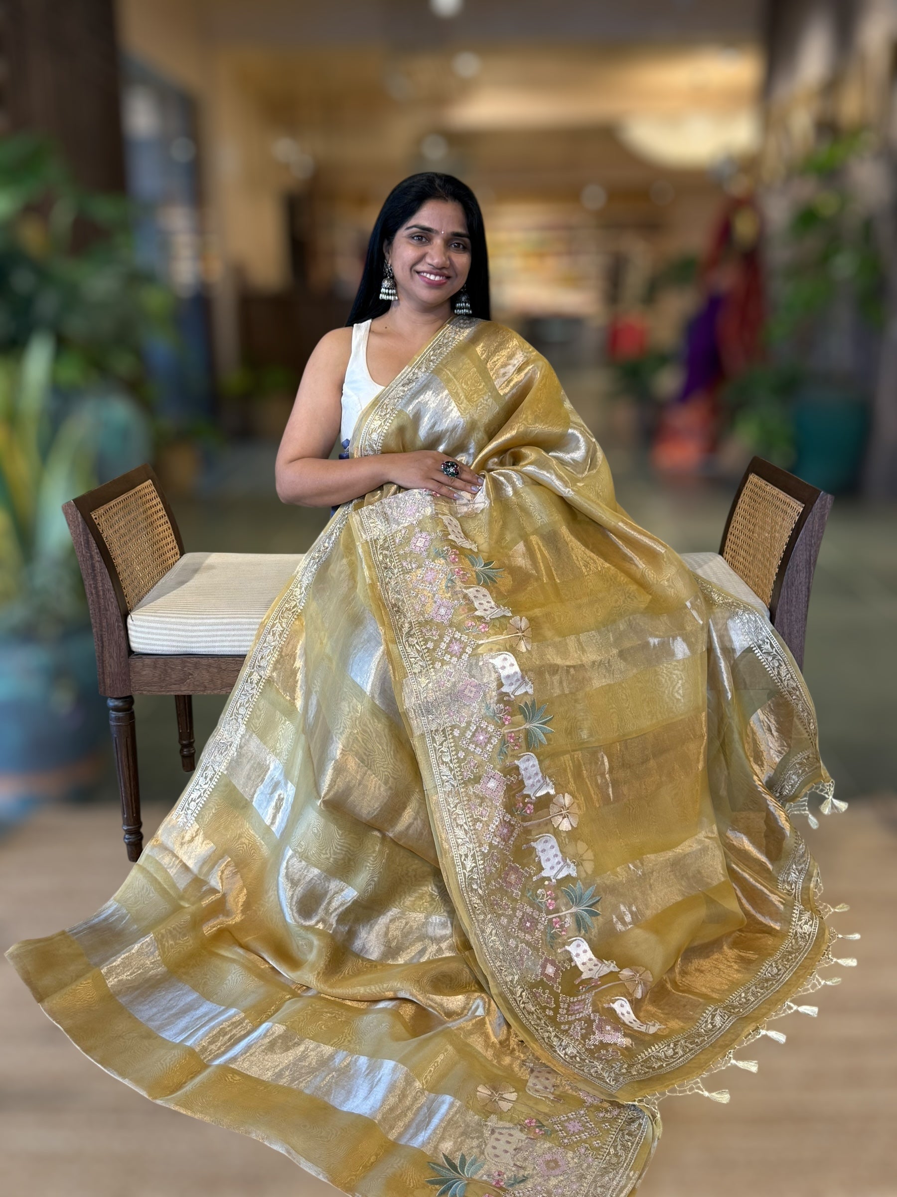 Yellowish GreenTissue Stripes Saree With Jamdani  & Pichwai embroidered Border