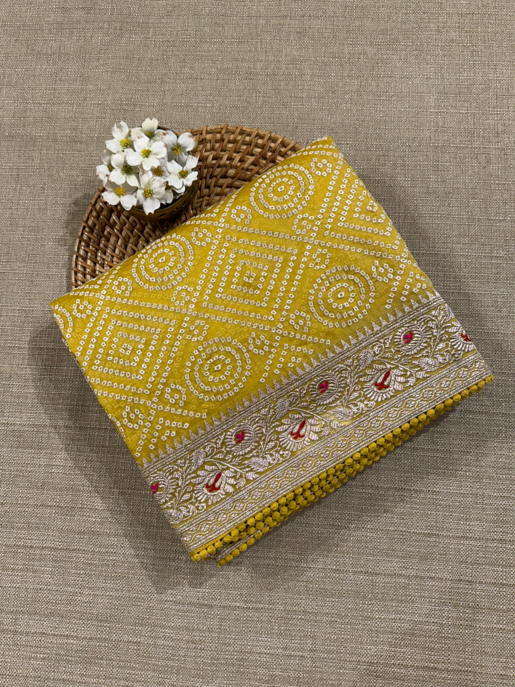 SOBBM179: Yellow Organza Banarasi with Bandhini Look Allover Embroidery