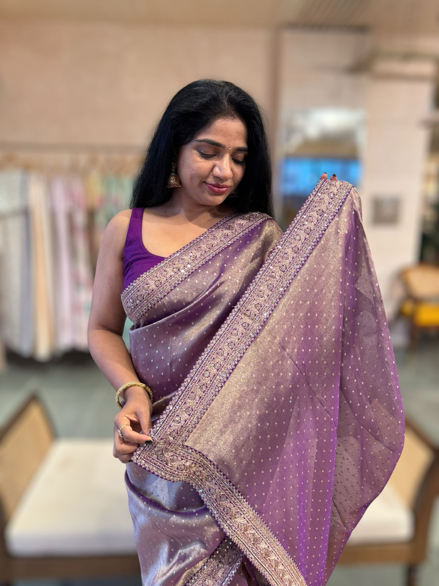 PurpleTissue Gorgette saree witj sabyasachi borders and allover pitawork blouse