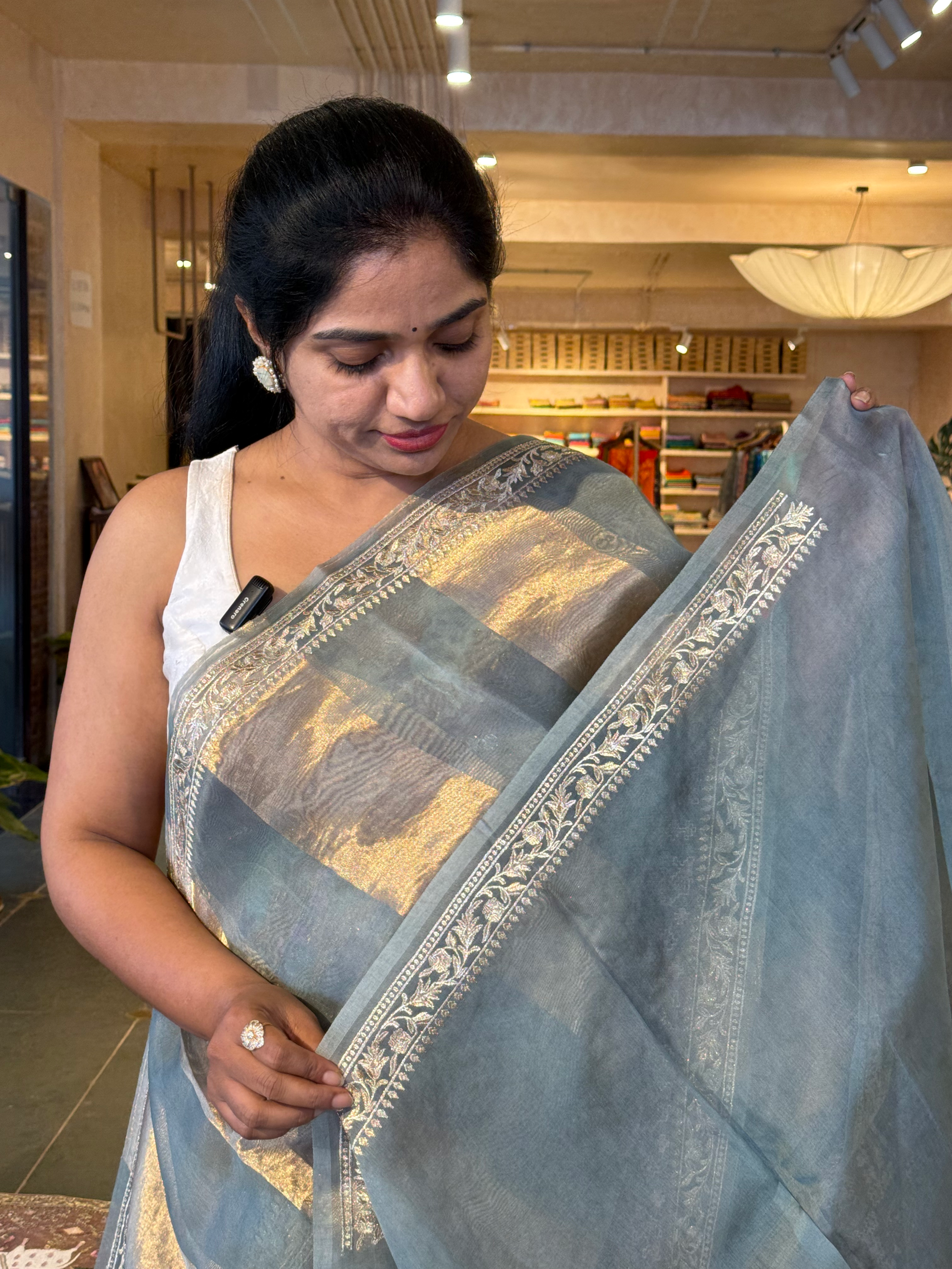 Greyish Blue Kora Tissue Stripes with Pichwai & Jamdani Inspired Embroidery