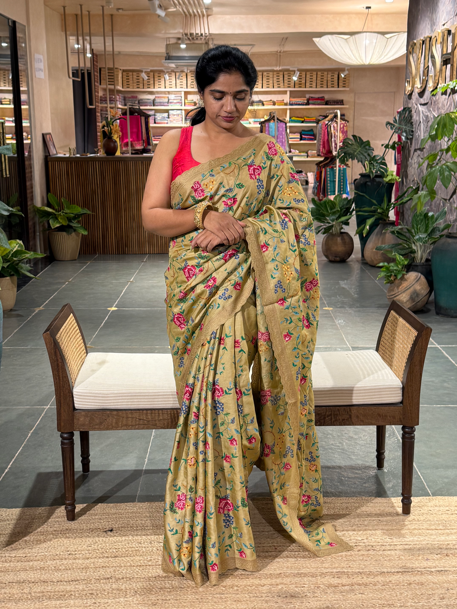 STPPA204 : Khakhi Pure Tussar Saree With Allover Petite Point Embroidery