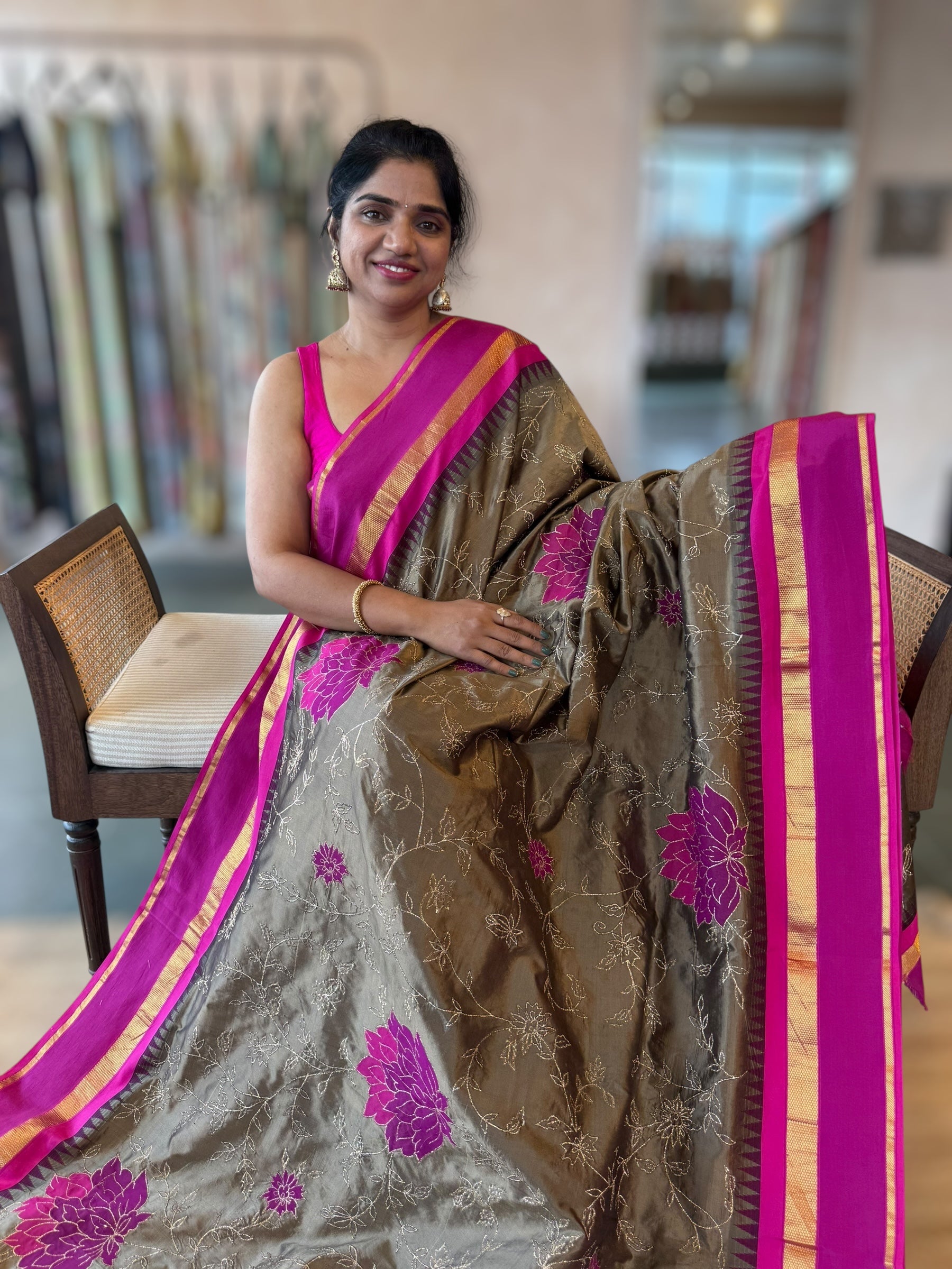 Metallic Bronze Kanchi Silk Saree in With Allover Pita & Applique work