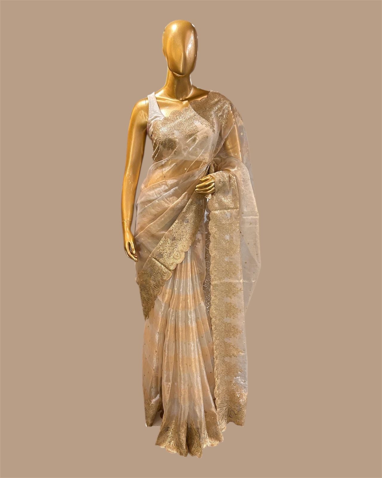 Pure Tissue Saree with silver and golden zari wide stripes & Embroidered Borders