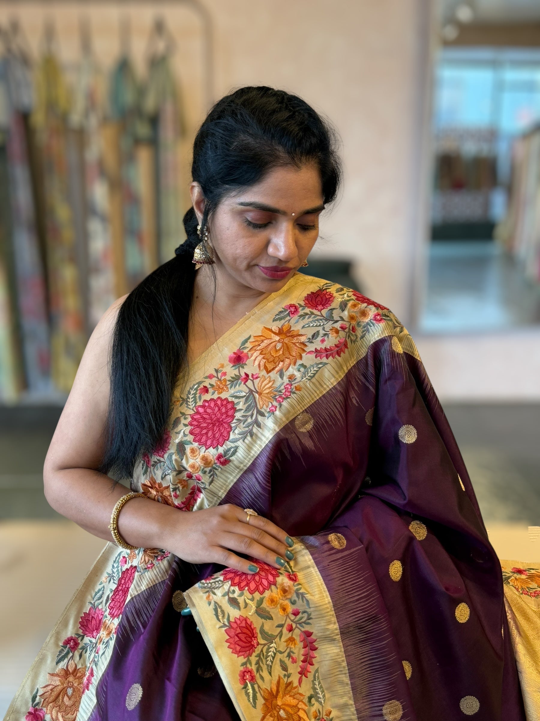 Wine Kanchi Silk Saree in With Petite Point  Embroidered Border