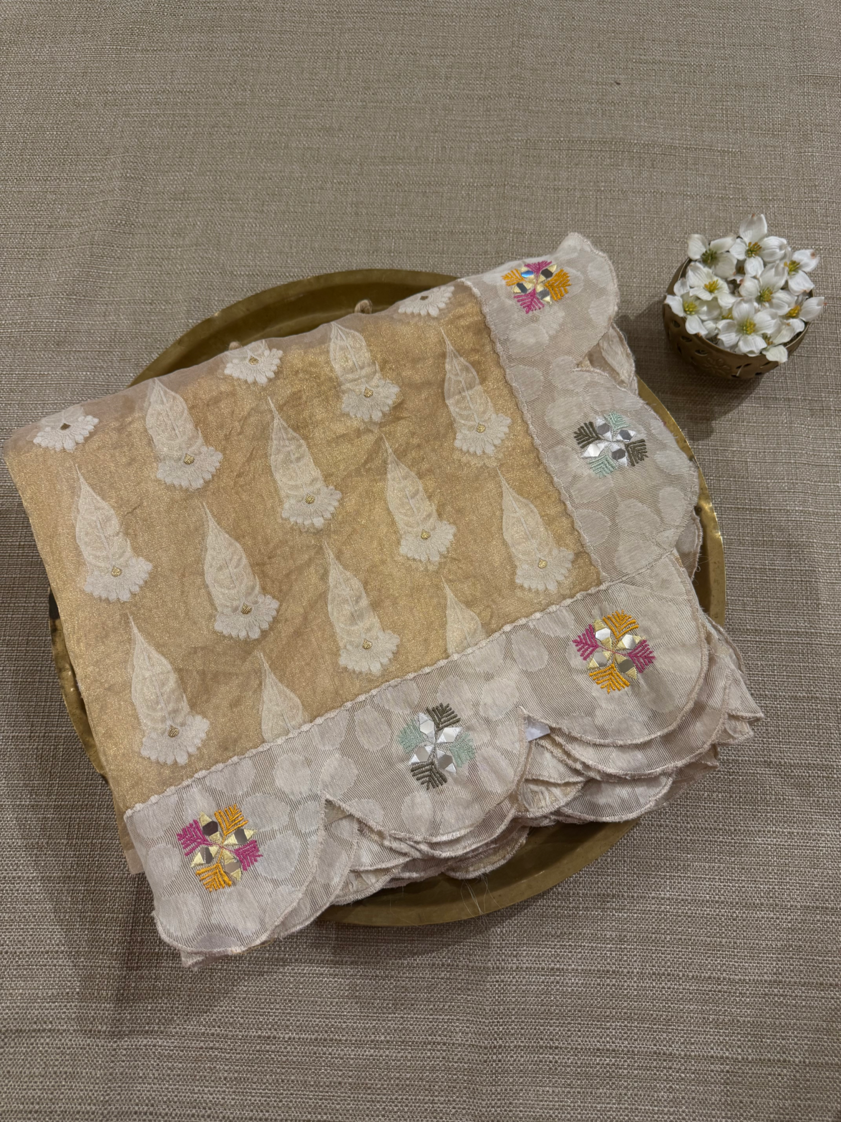 GTEA2004 : Designer Handloom Gold Tissue Saree With handwork borders