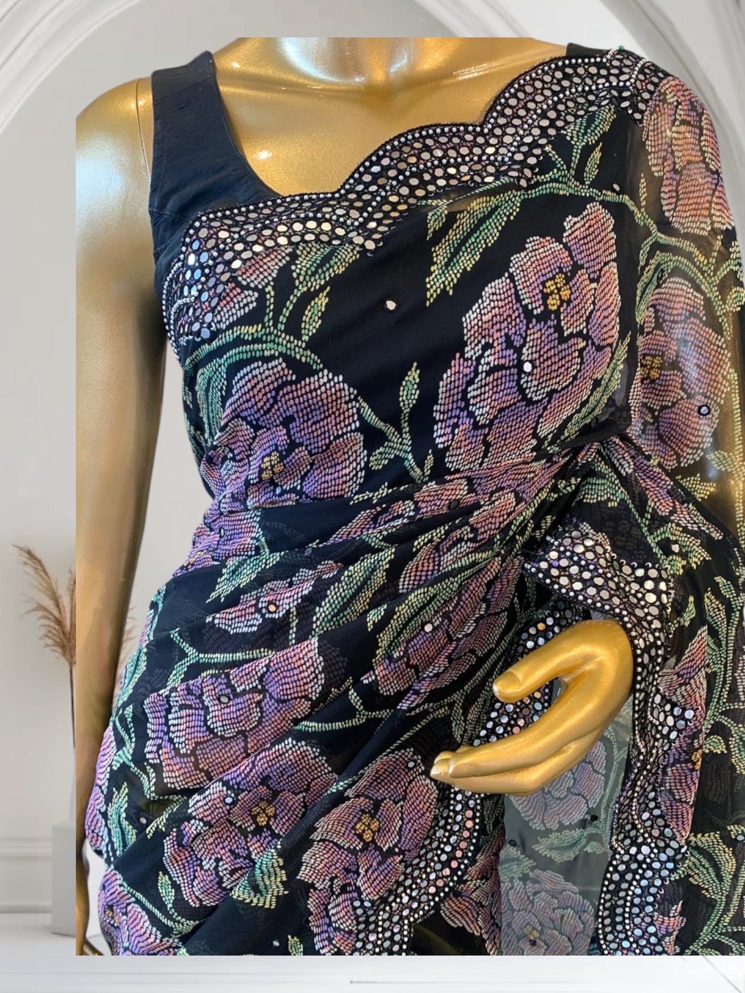 Black Gorgette prints with handwork mirrorwork borders