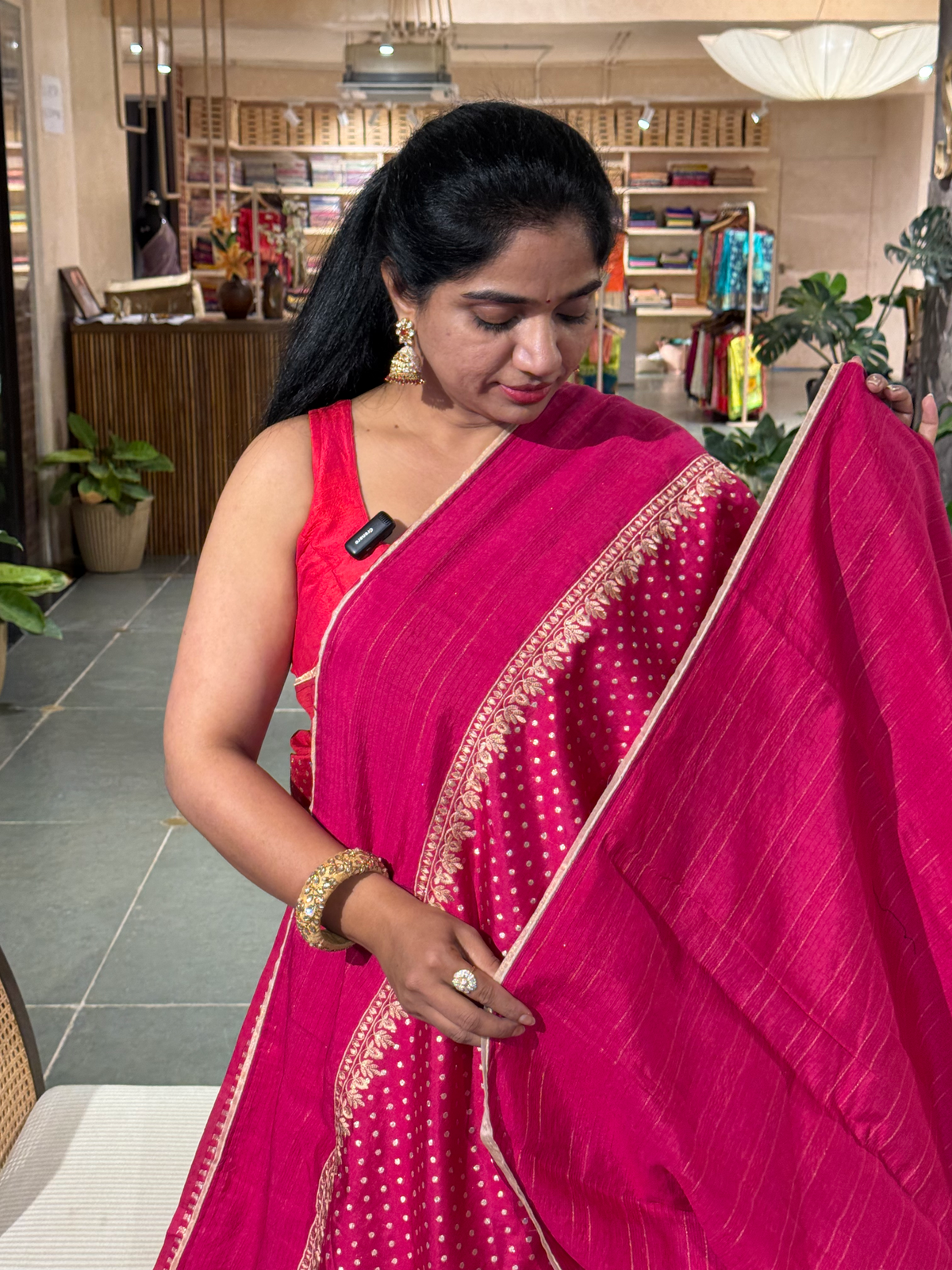 Dark Pink Chiniya Silk Saree with Embroidery Border & Applique Creeper Pallu