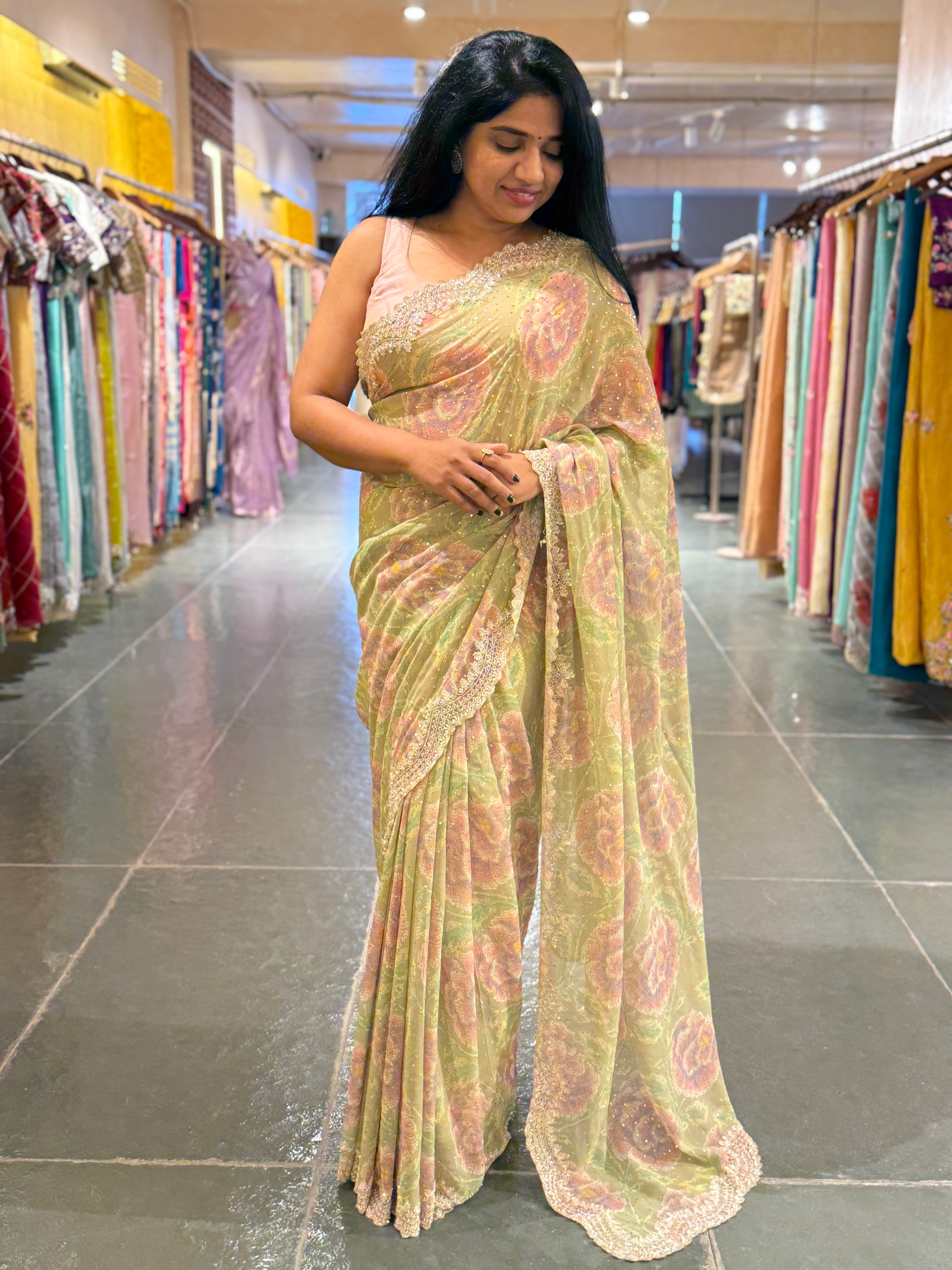 Pista Green Pure gorgette printed Saree with handwork