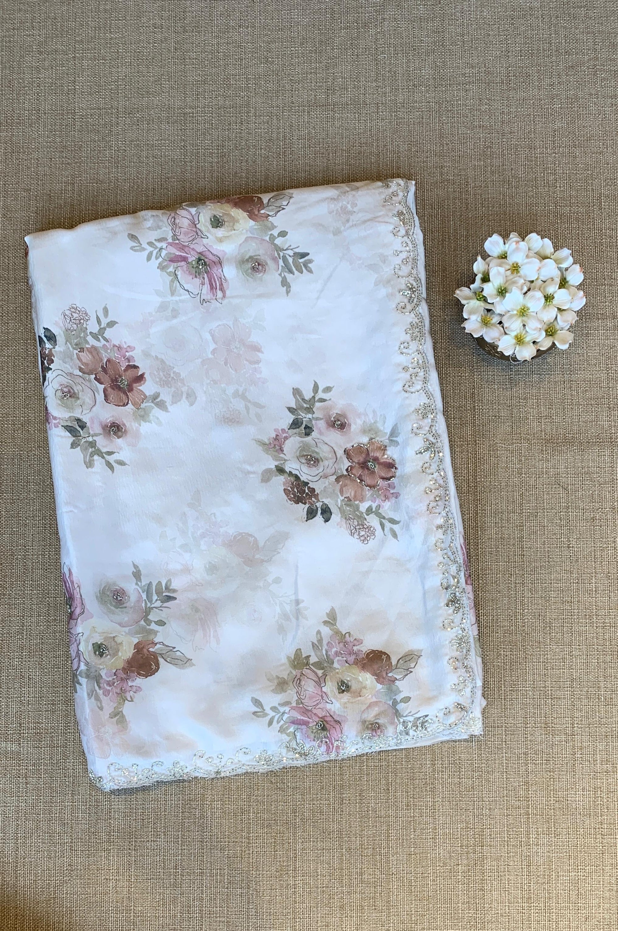 White Pure Chinnon Satin Crepe Saree With Floral Print & Handwork Borders