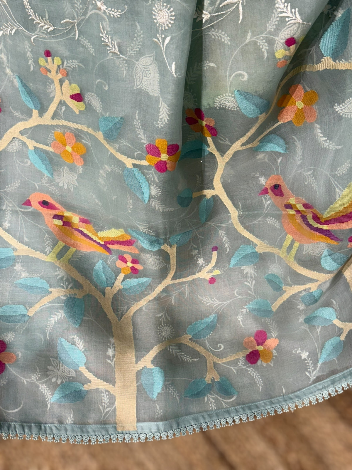 Pastel Blue Pure Handloom Muslin Saree with Allover chikankari & Jamdnai Pallu