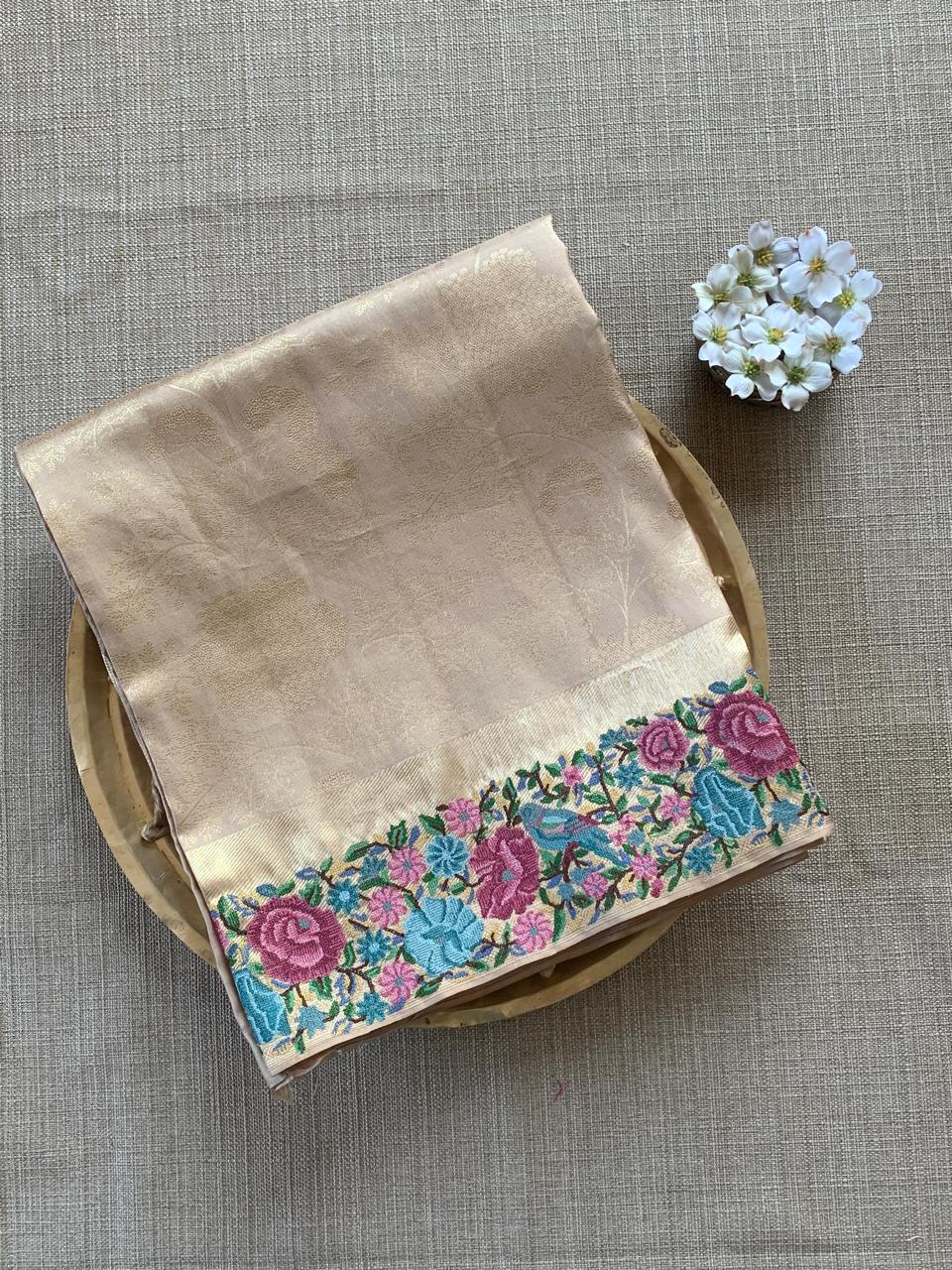 Wheat Tone  Pure  Kanchi Brocade Saree with Petite Point Embroidery