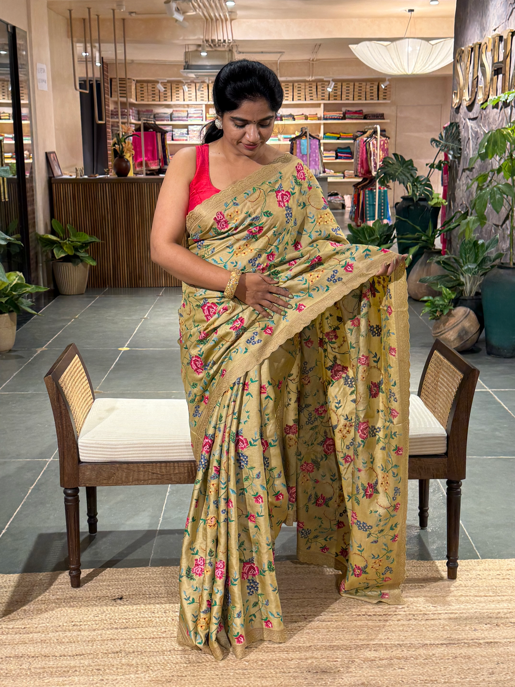 STPPA204 : Khakhi Pure Tussar Saree With Allover Petite Point Embroidery