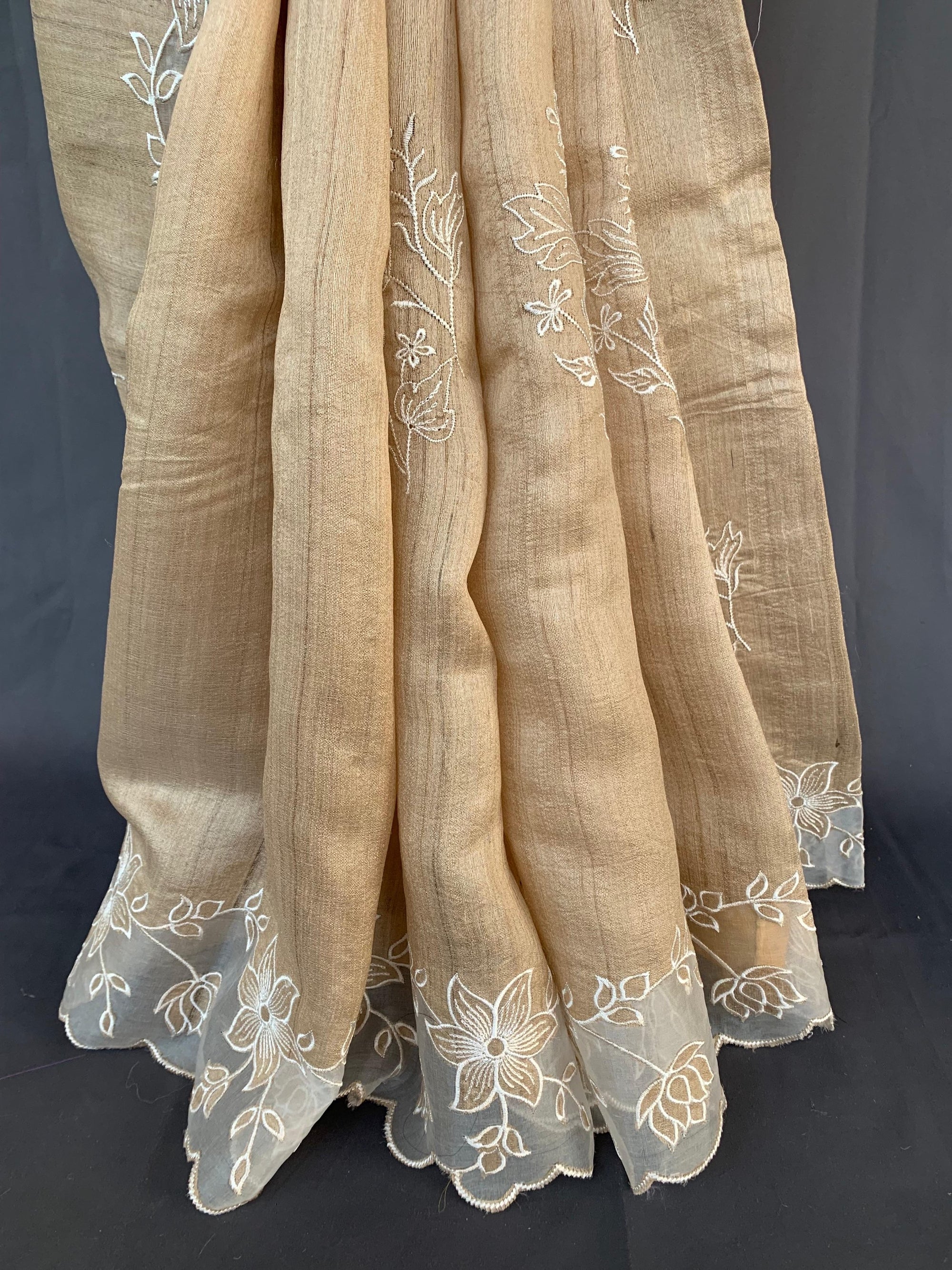 Pure handloom Tussar Designer Saree with Organza Applique Cutwork Border