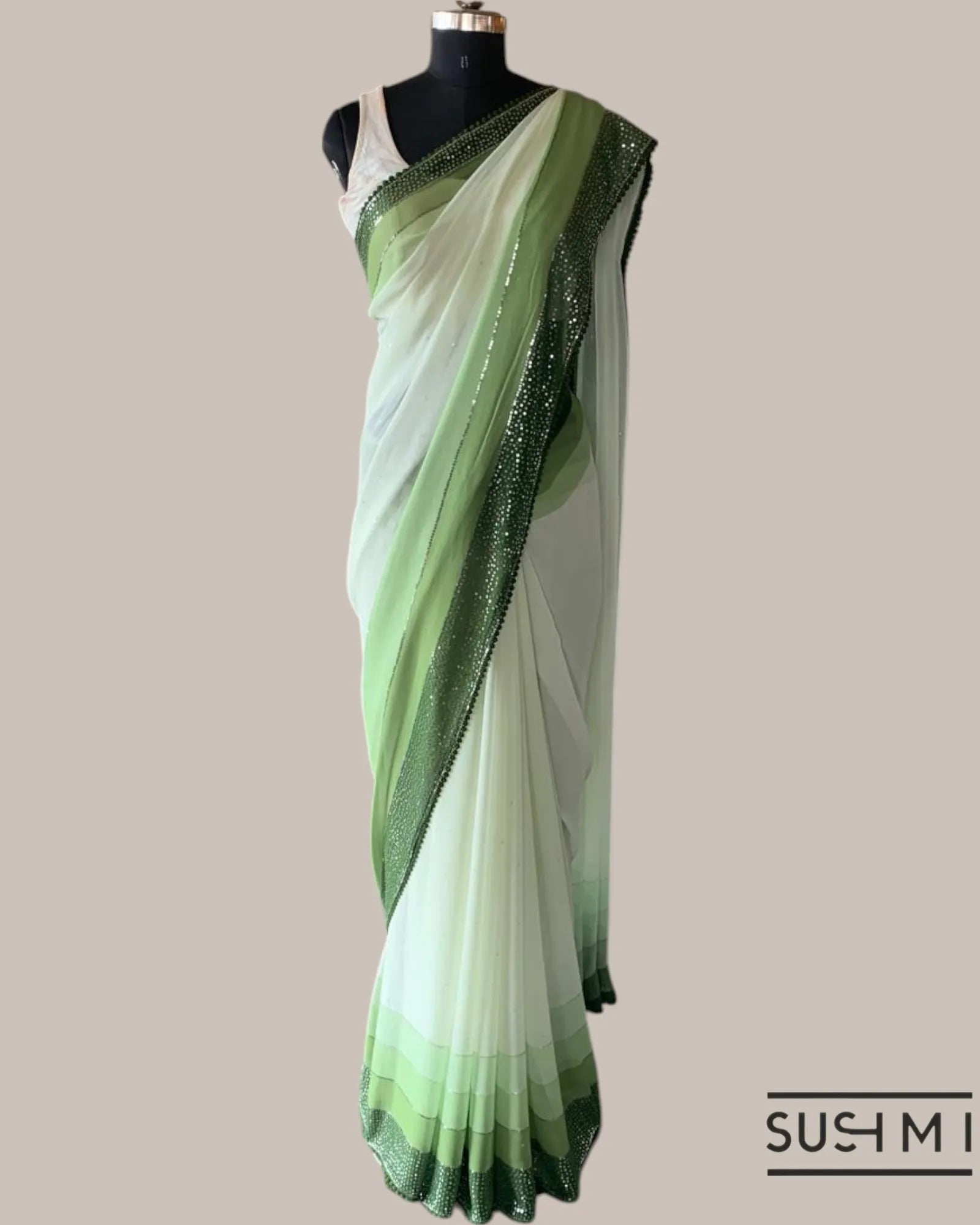 Pure Gorgette Saree With Shaded Sequnce Border