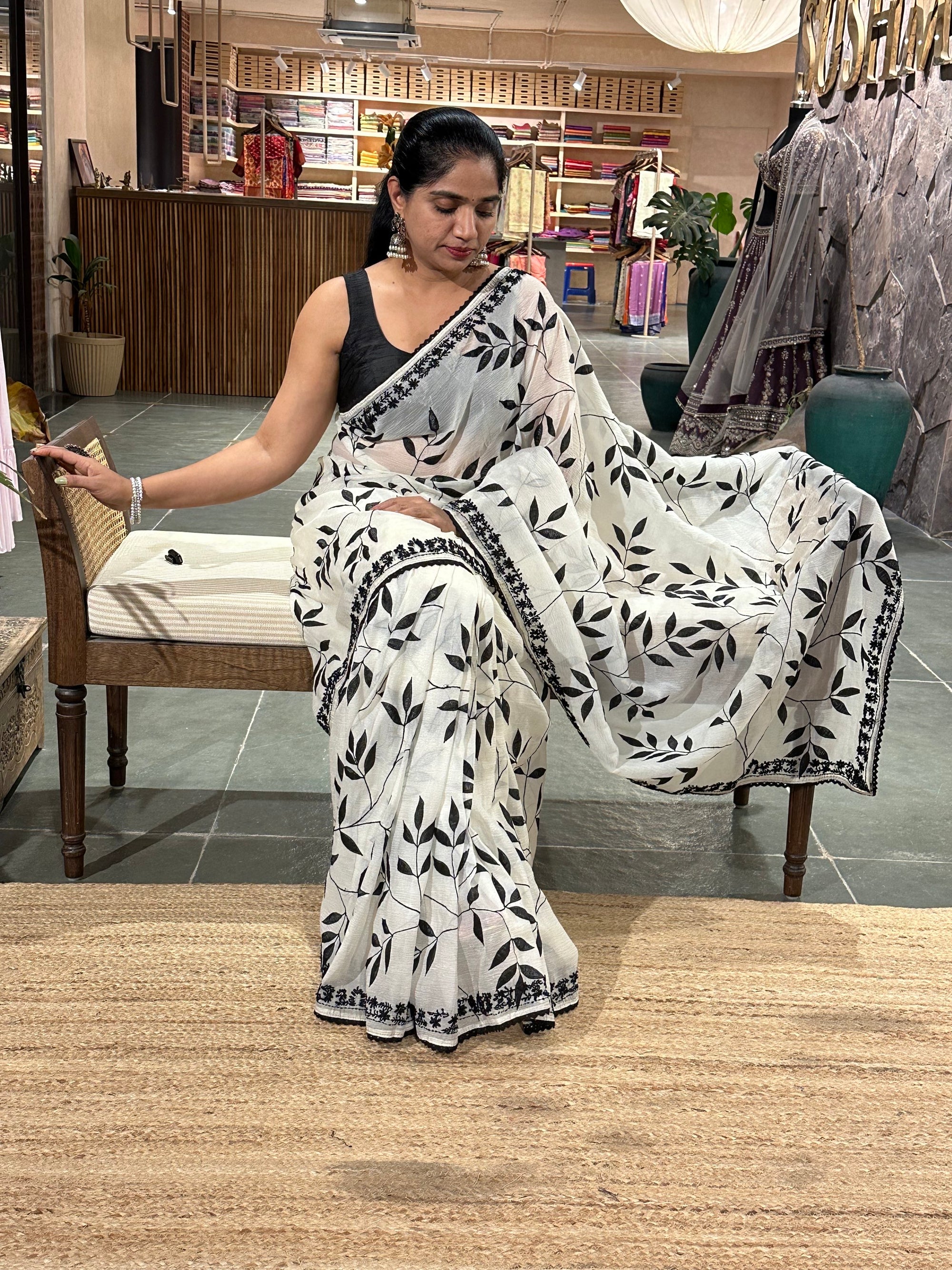Half white crush Saree with allover applique work in leaf creeper pattern  and h