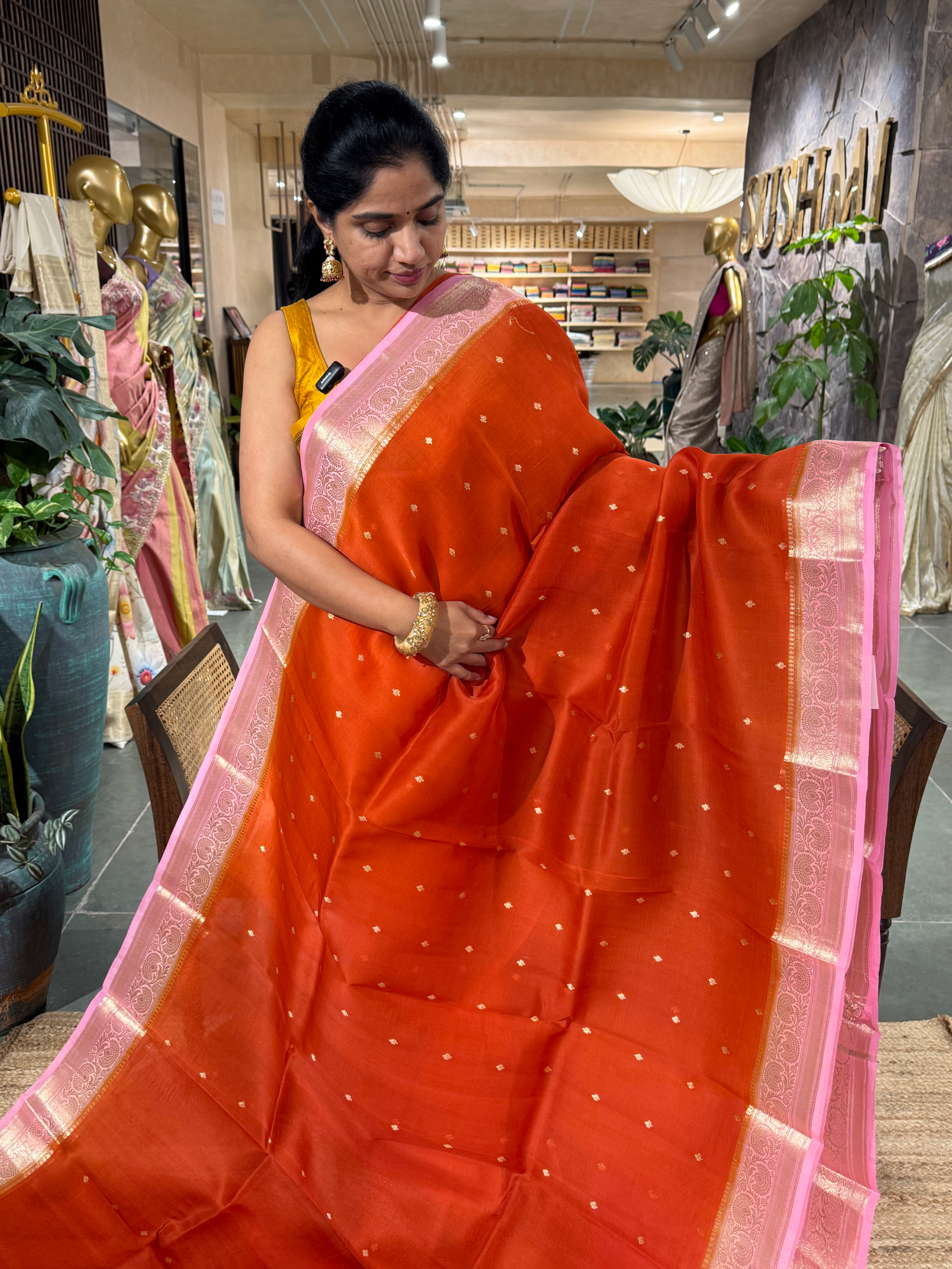 Burnt Orange and Baby Pink Combo Pure Handloom Kora Banarasi Saree