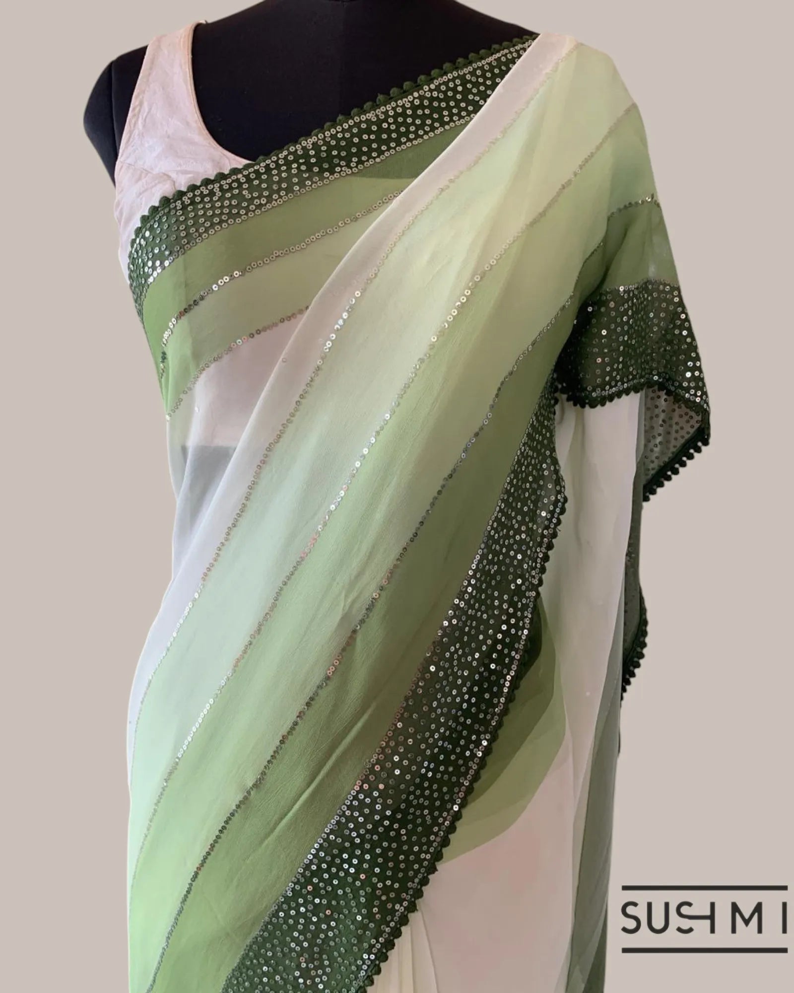 Pure Gorgette Saree With Shaded Sequnce Border