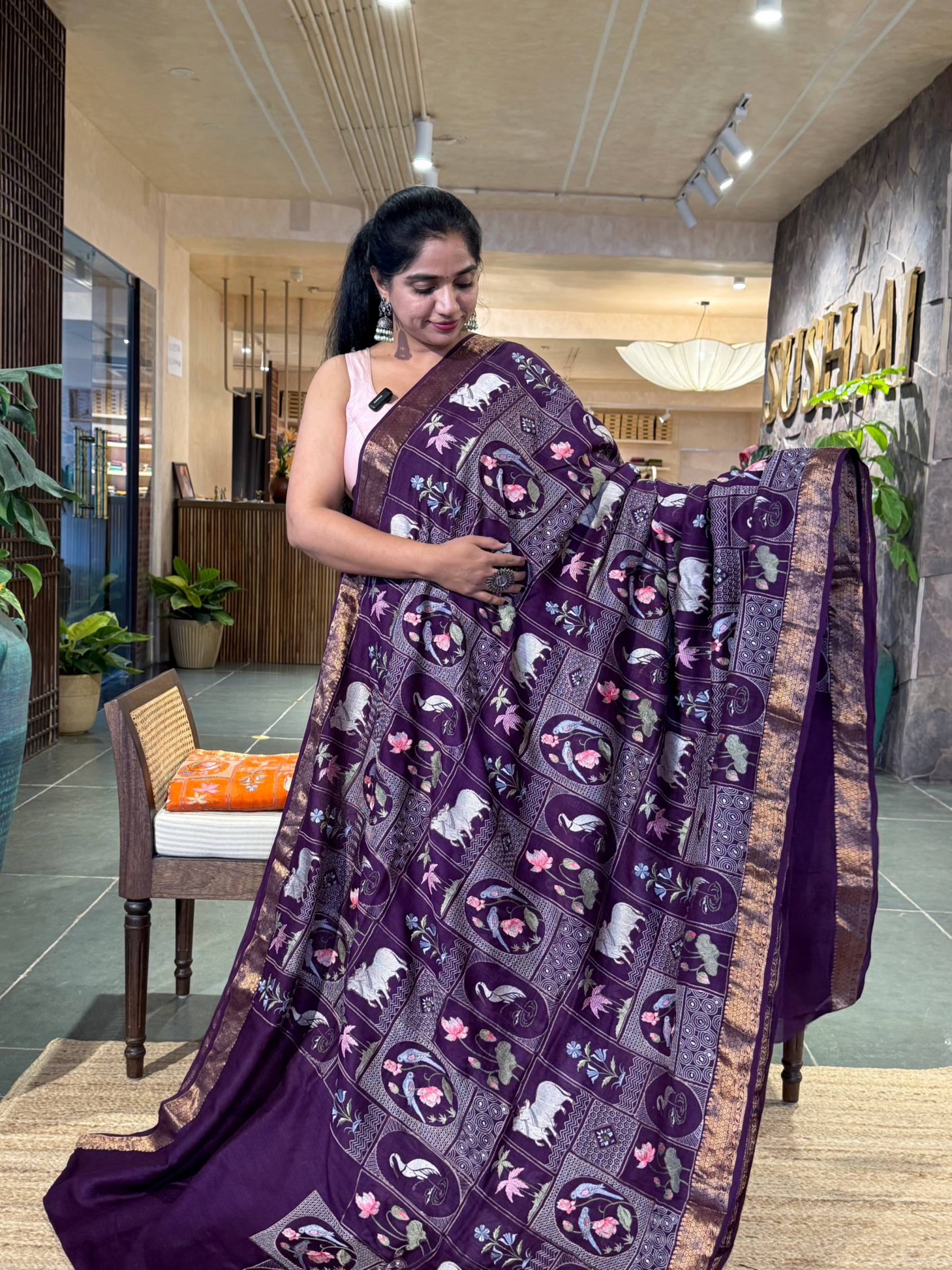 SMSEA111 Wine Pure Handloom Munga Silk Saree with Pichwai Embroidery