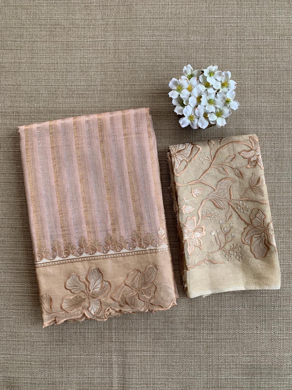 Nude pink Mul Tissue Stripes Saree With Tissue Cutwork  Border & Blouse
