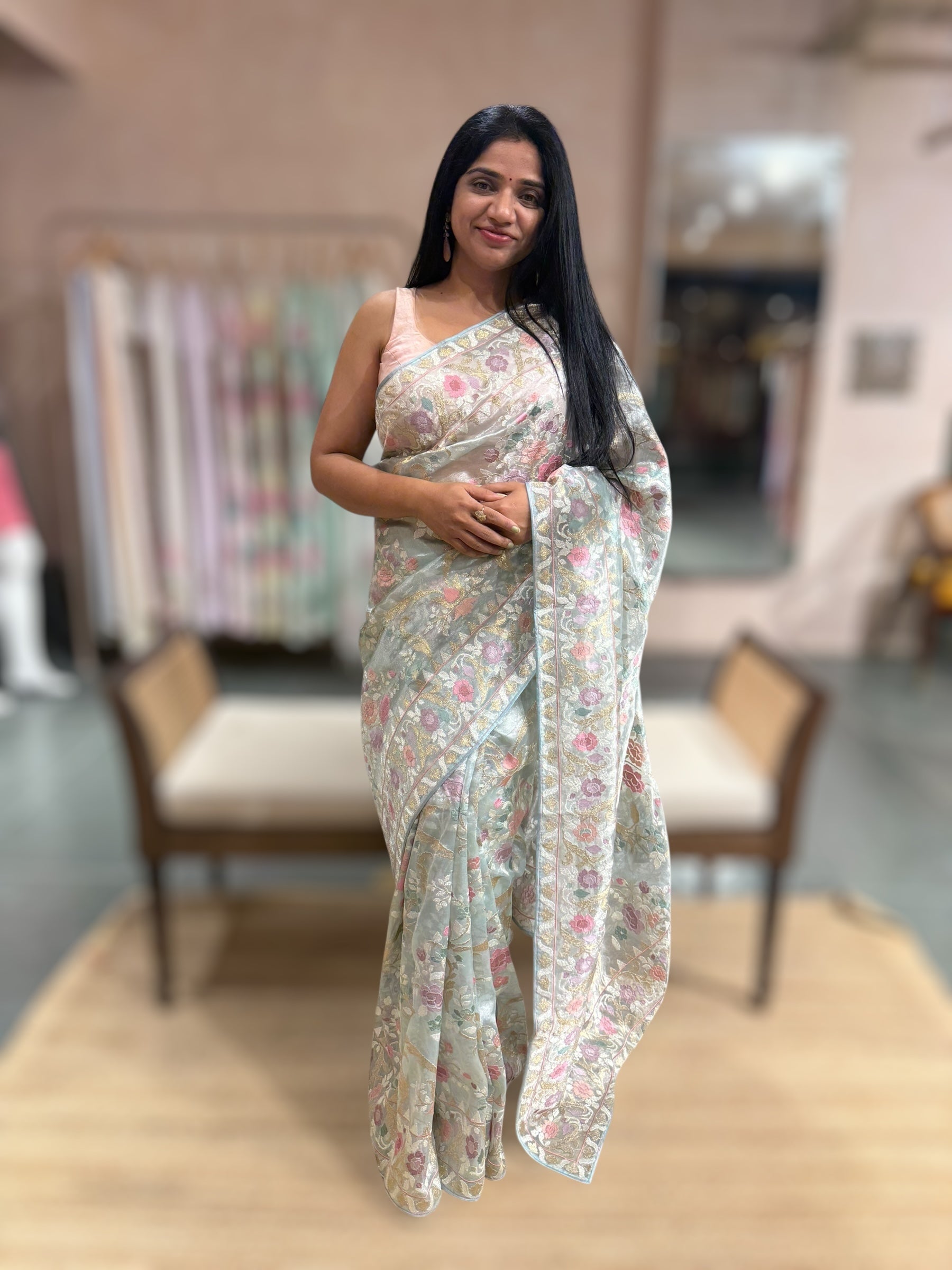 Powder Blue Pure Tissue With Jamdani Inspired Allover Embroidery