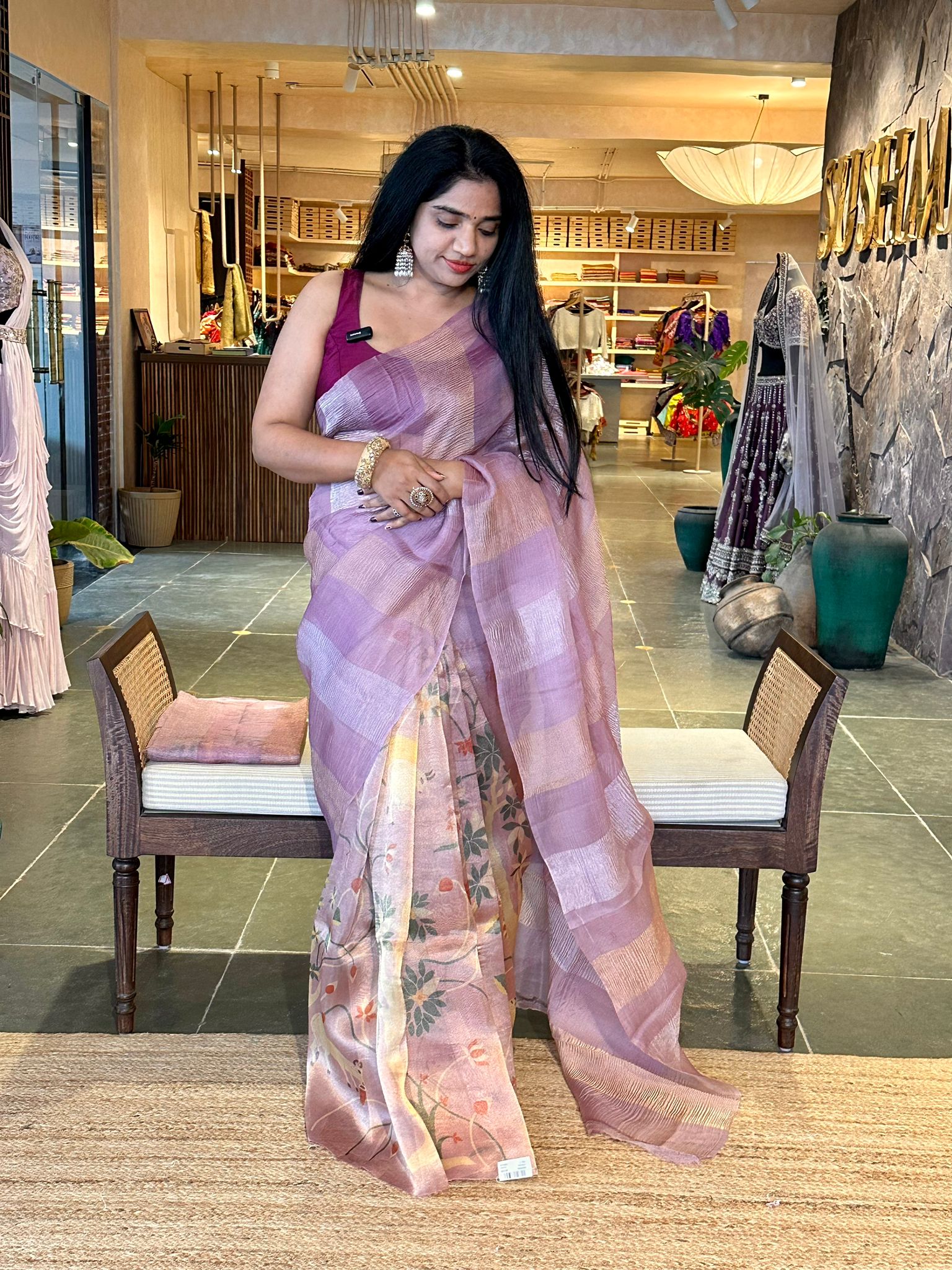 Lavenderish Pink Premium Banarasi Printed Tissue Saree in half and half style