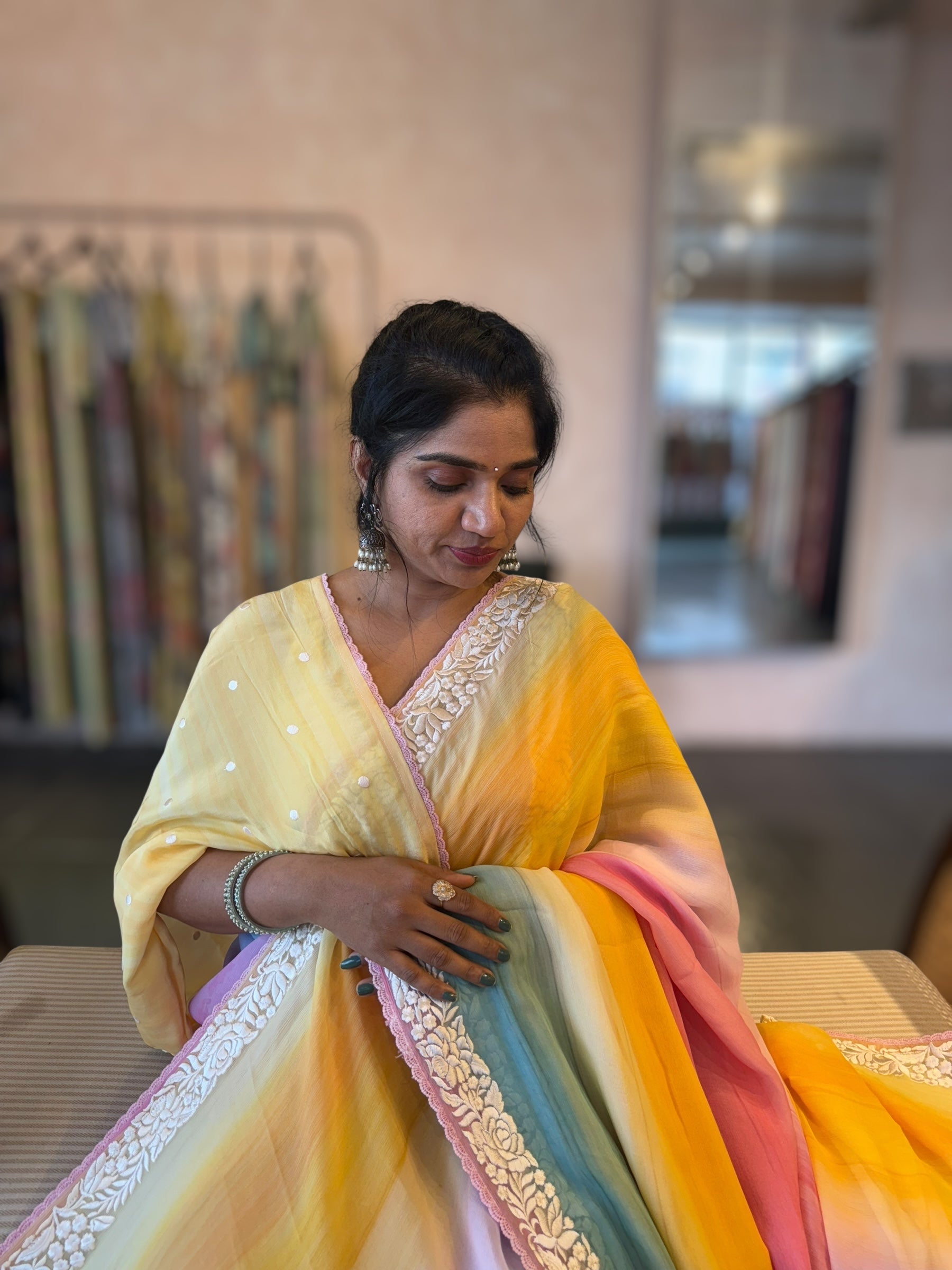 Pure Chiffon Saree with Ombre Brush dyeing & Parsi Gara Embroidered Border