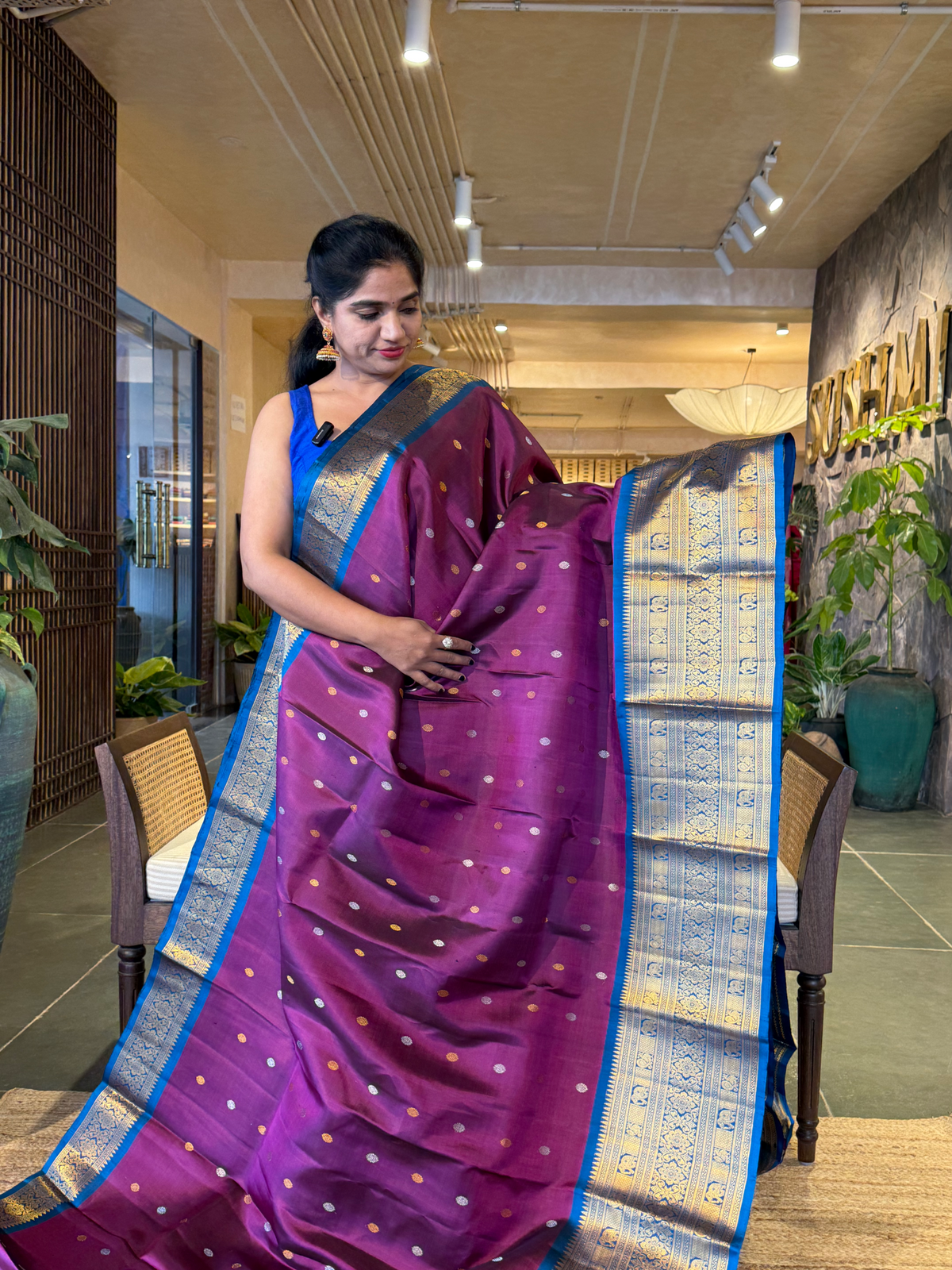 SGSA208 Wine and Peacock Blue Combo Gadwal Handloom Pure Silk Saree