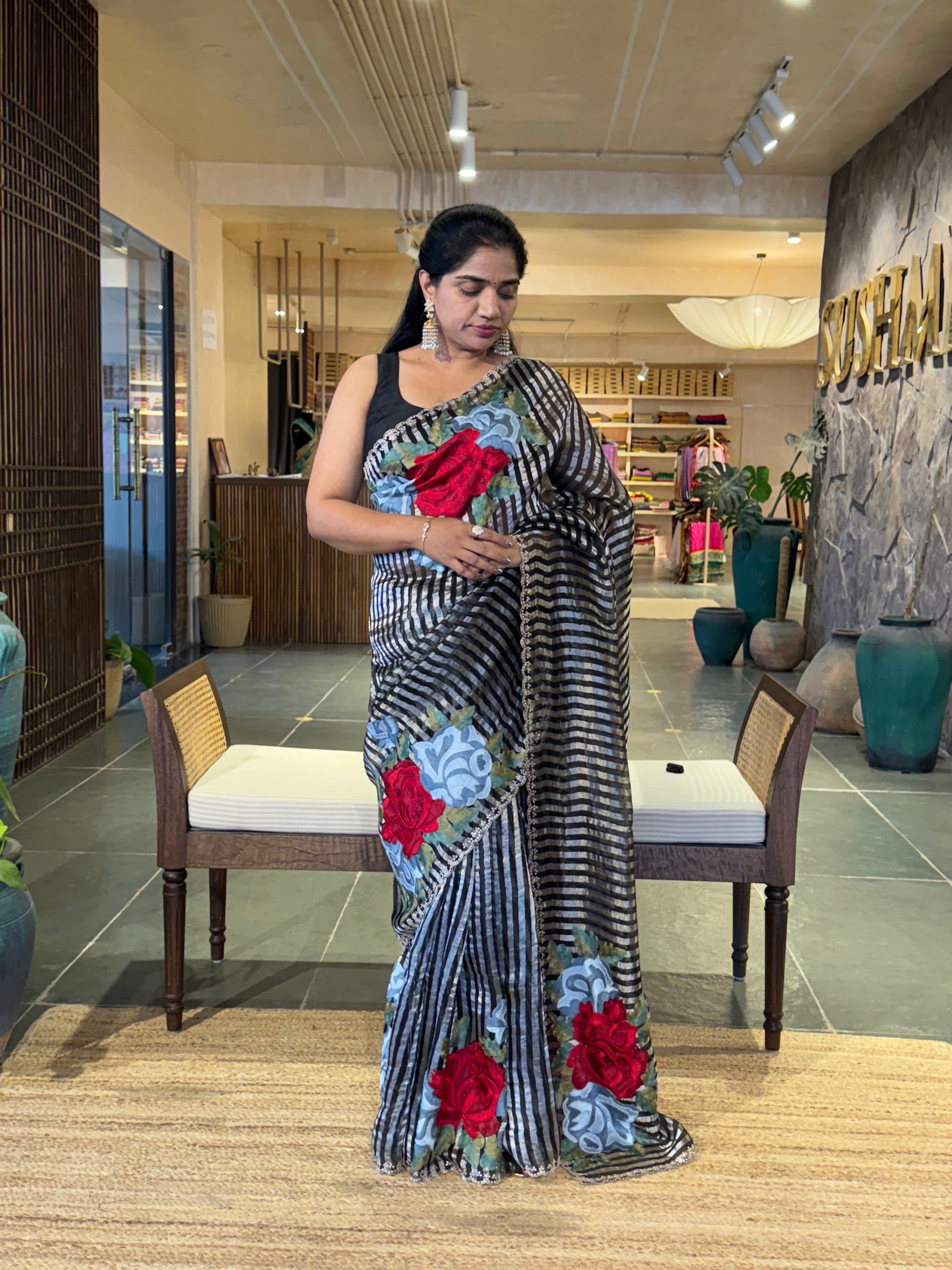 Black & Silver Stripes Tissue Silk Saree with Statement Floral bunch embroidery