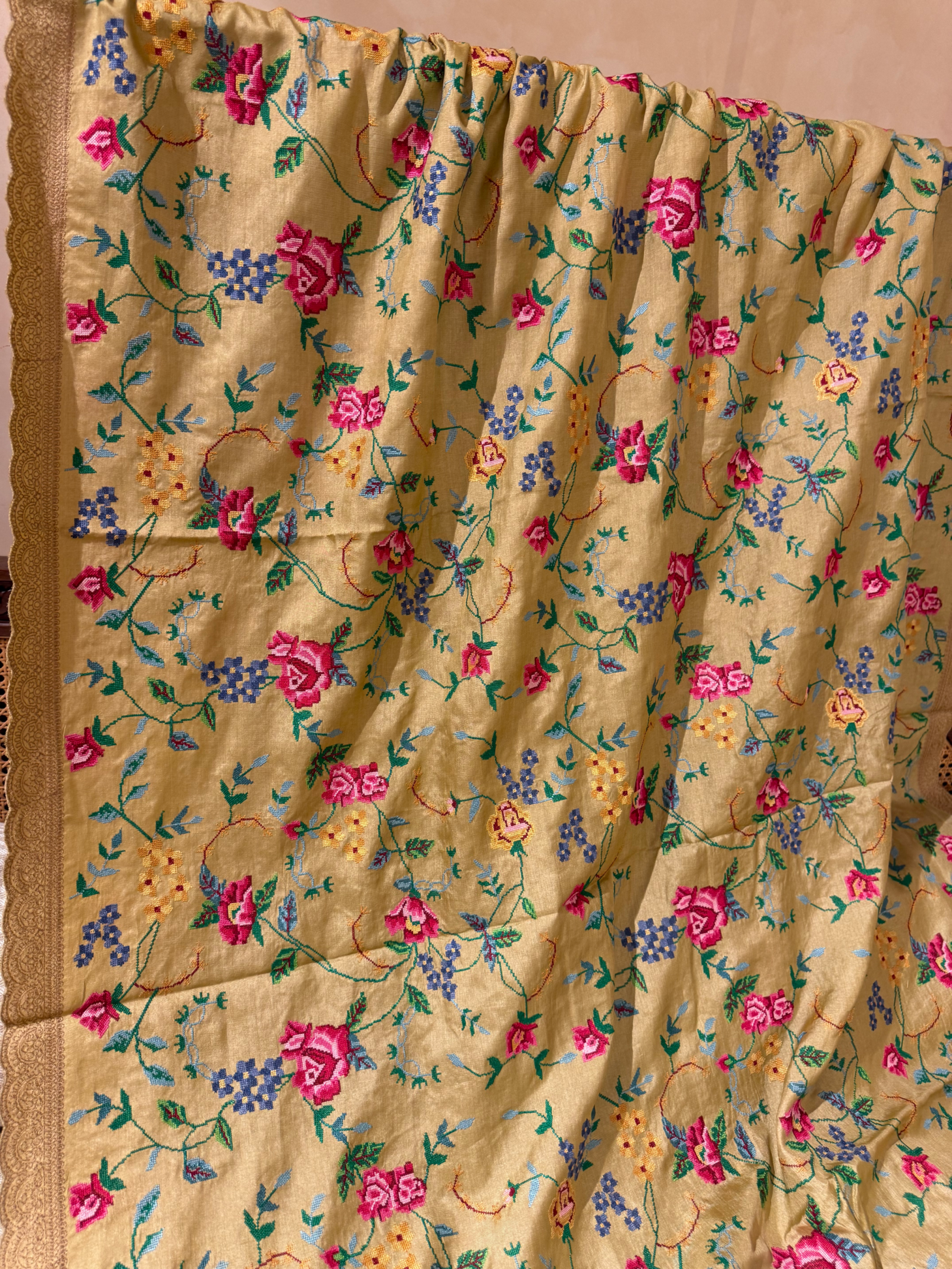 STPPA204 : Khakhi Pure Tussar Saree With Allover Petite Point Embroidery