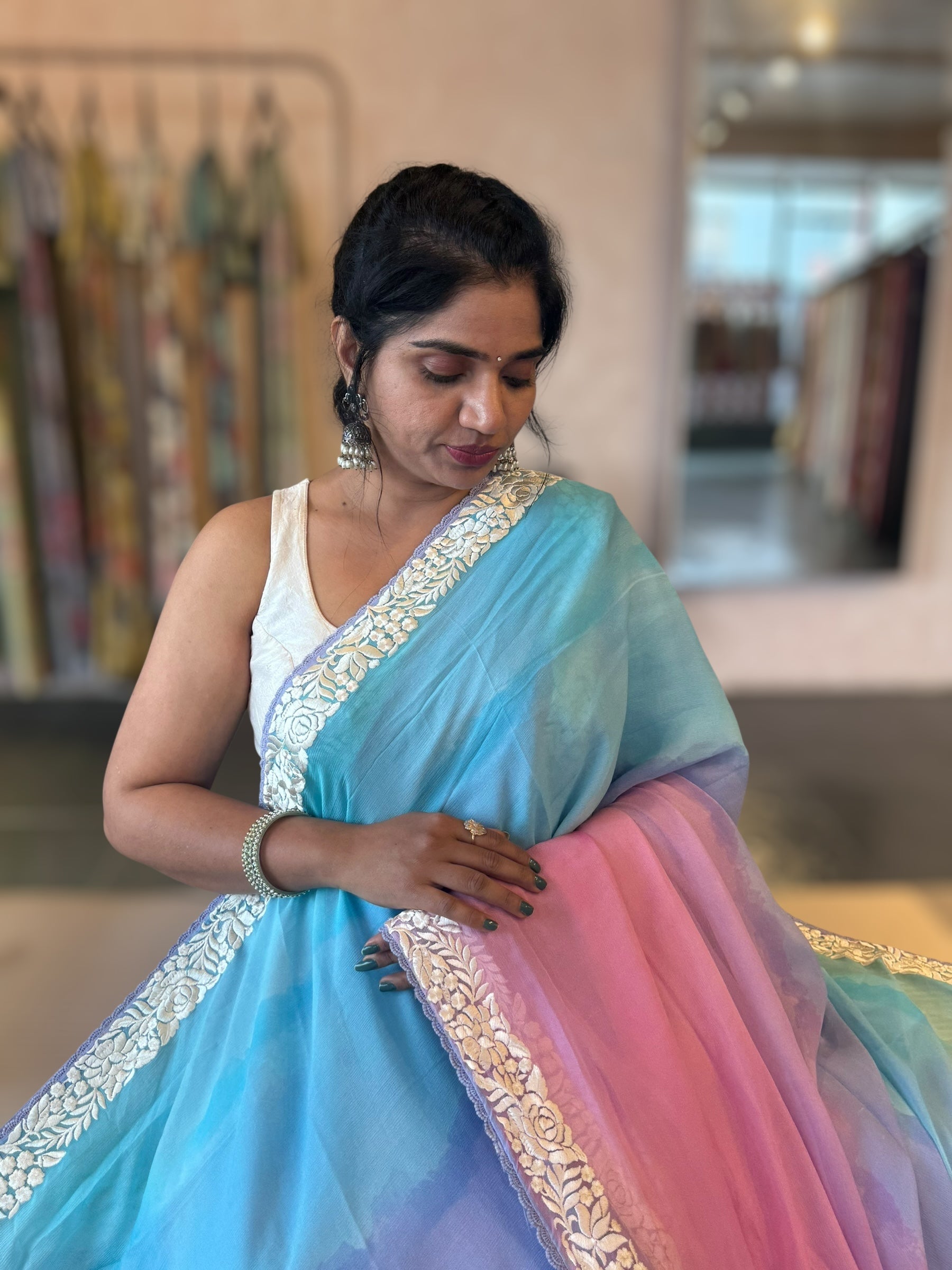 Pure Chiffon Saree with Ombre Brush dyeing & Parsi Gara Embroidered Border