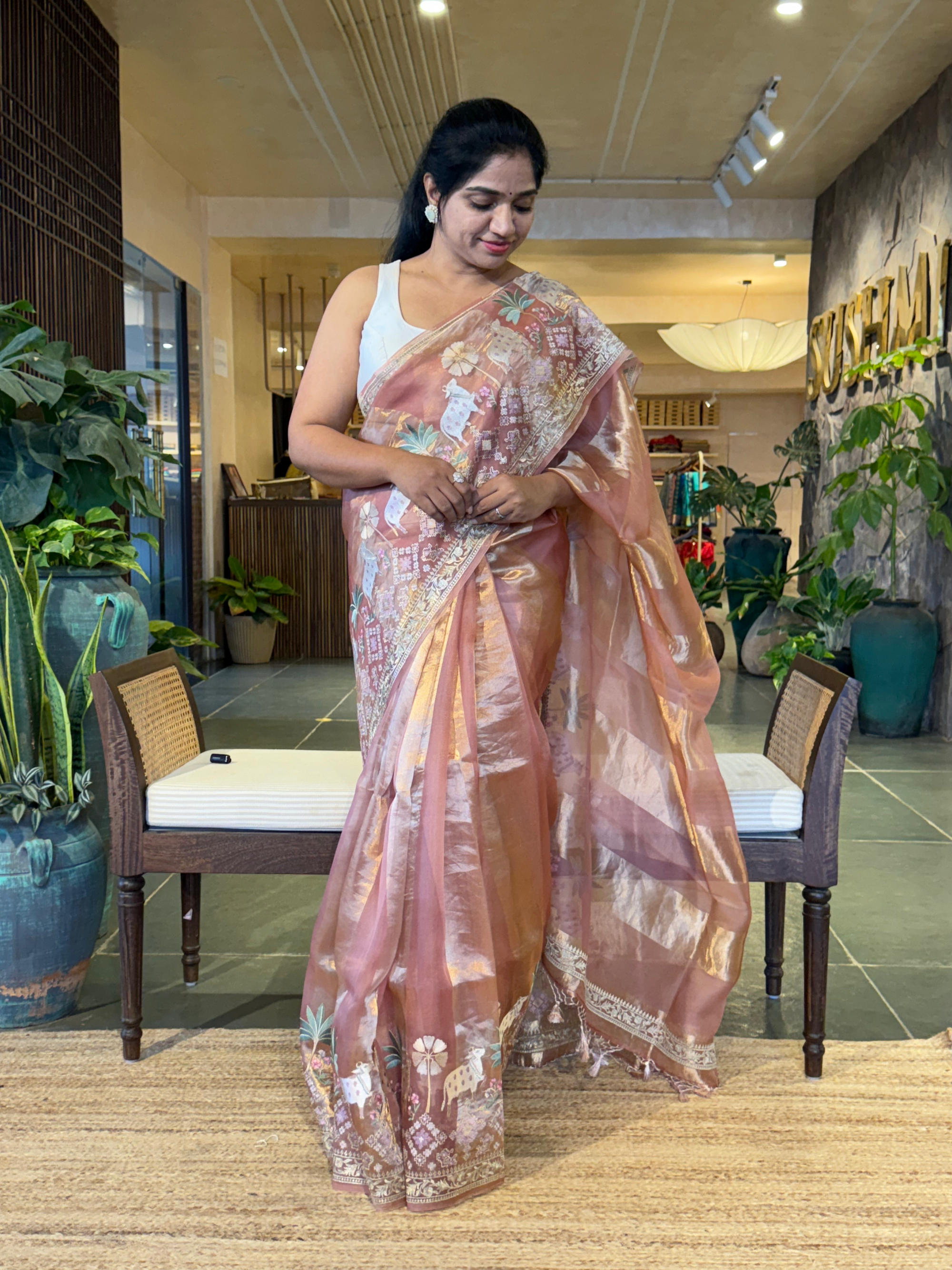 Onion Pink Kora Tissue Stripes with Pichwai & Jamdani Inspired Embroidery